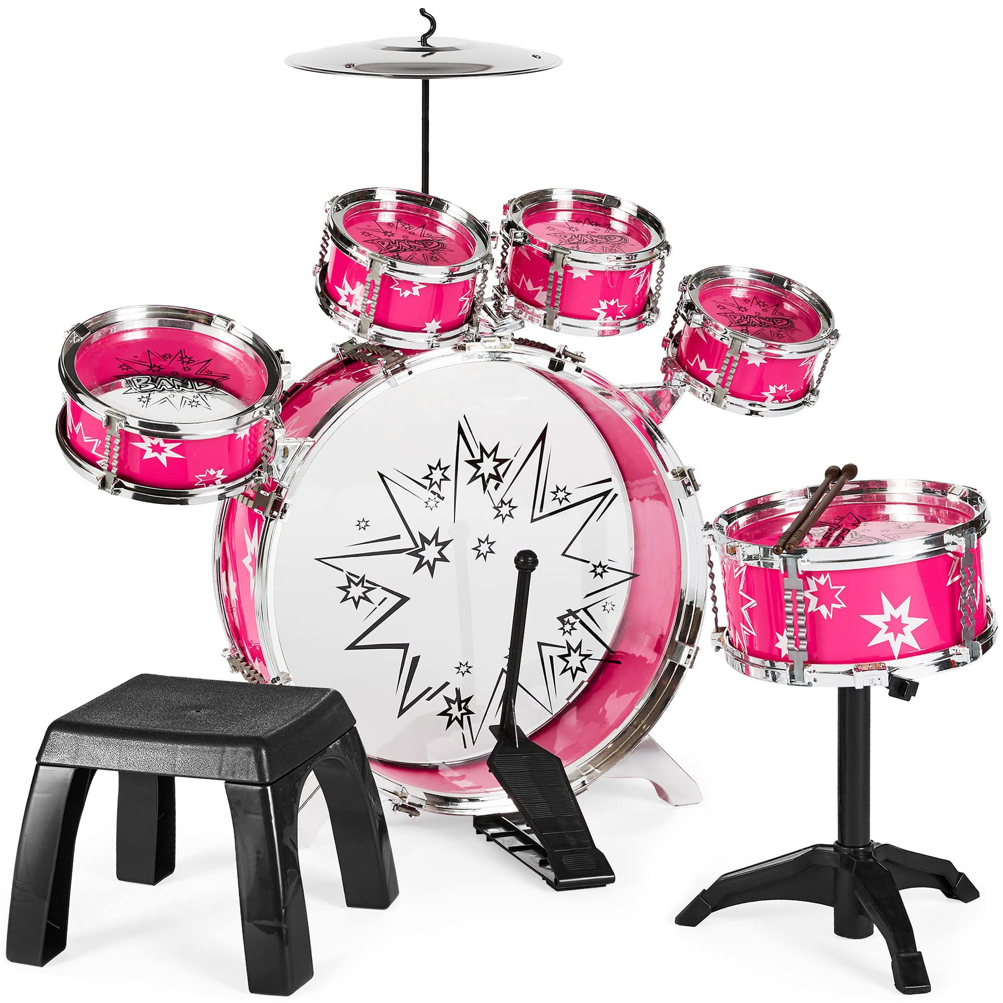 Best Choice Products - 11-Piece Kids Starter Drum Set w/ Bass Drum, Tom Drums, Snare, Cymbal, Stool, Drumsticks - Pink