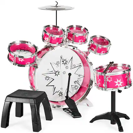 Front. Best Choice Products - Best Choice Products 11-Piece Kids Starter Drum Set w/ Bass Drum, Tom Drums, Snare, Cymbal, Stool, Drumsticks - Pink - Pink.