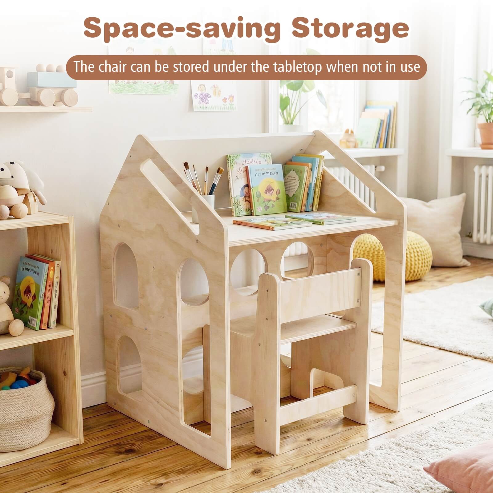 Space-saving Storage  
The chair can be stored under the tabletop when not in use