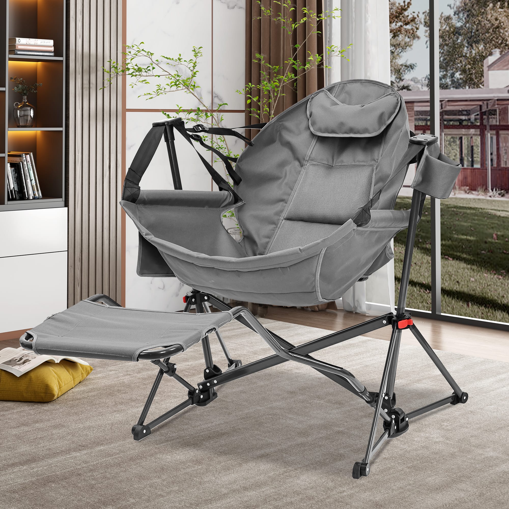 Front. Ainfox - Ainfox Hammock Camping Chair, Portable Heavy Duty Folding Swing Chair for Adults with Carrying Bag & Optional Footrest - Gray-with Footrest.
