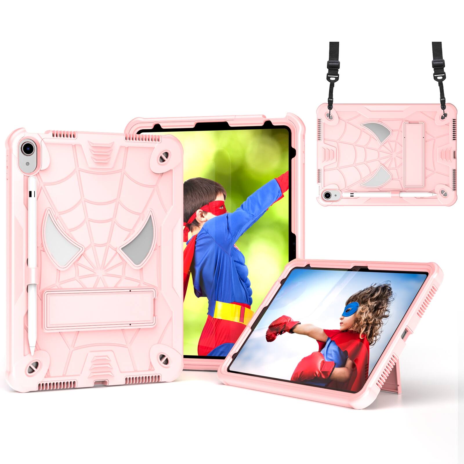 The image shows a pink tablet case with a Spider-Man design, featuring a child dressed as Spider-Man on the screen.