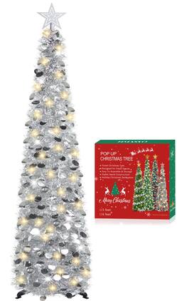 Skar Audio - Pop Up Christmas Tree With Timer Lights Tinsel Collapsible Artificial Pencil For Indoor Home Apartment - Silver 5ft