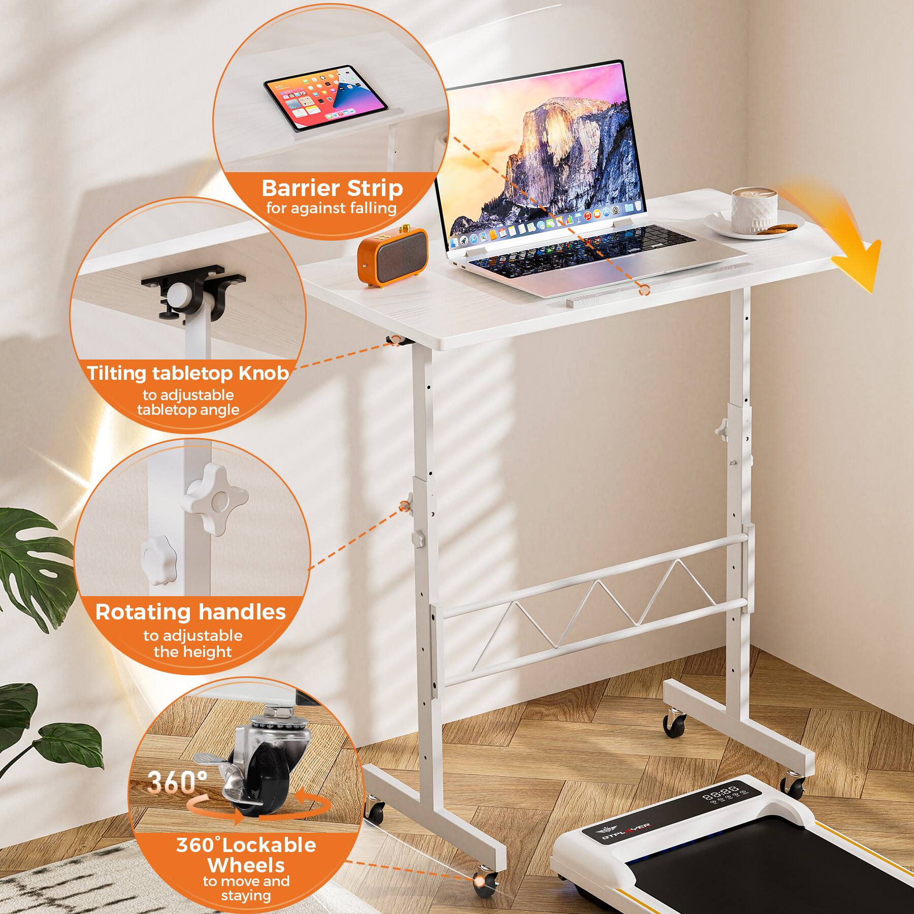 A - d - 1 + - . Barrier Strip for against falling. Tilting tabletop Knob to adjustable tabletop angle. Rotating handles to adjustable the height. 360° Lockable Wheels to move and staying.