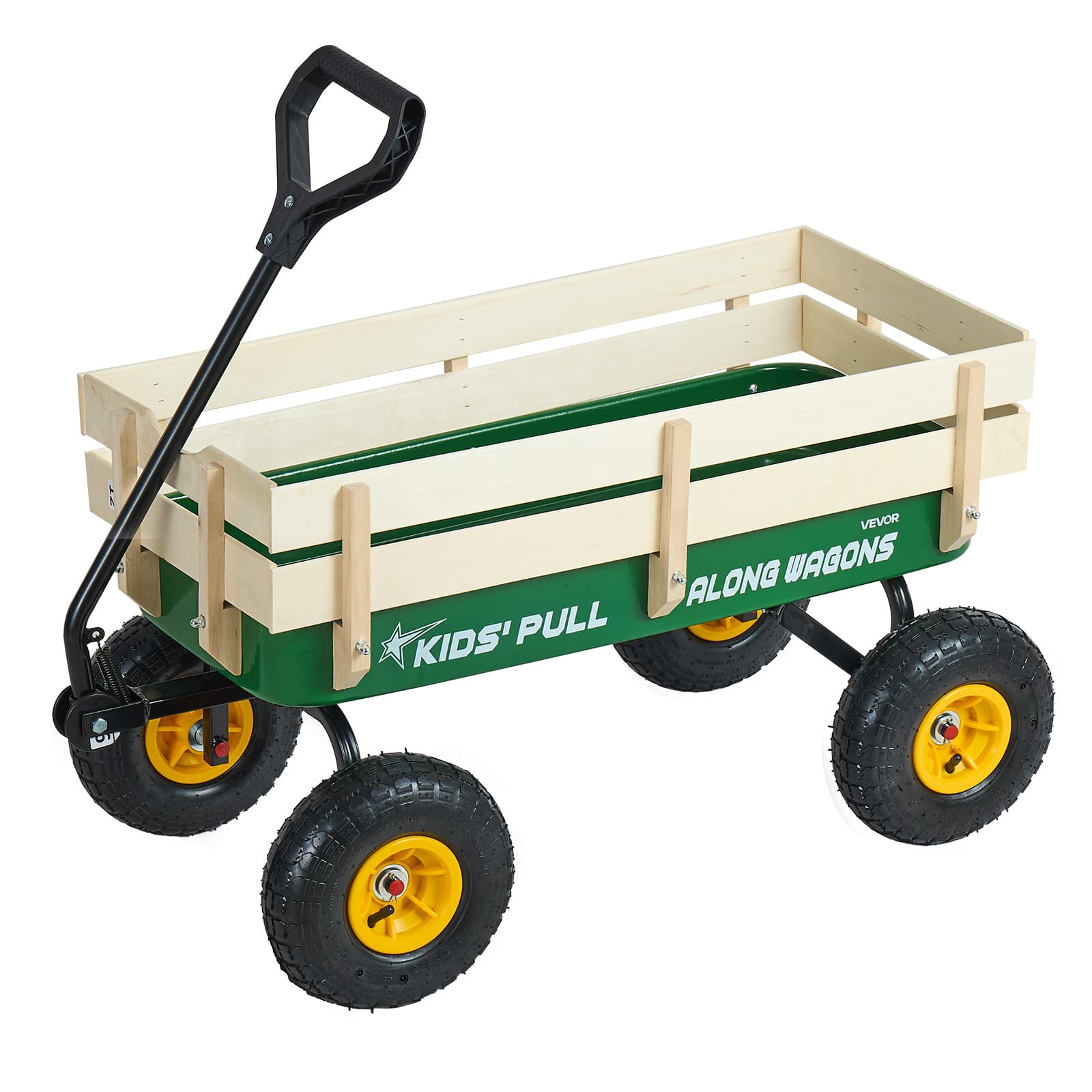 VEVOR - Pull-Along Wagon for Kids, 39 inch Toddler Wagons with Wooden Panels & Handle, Supports up to 330 lbs - Green truck bed + logs + yellow tires