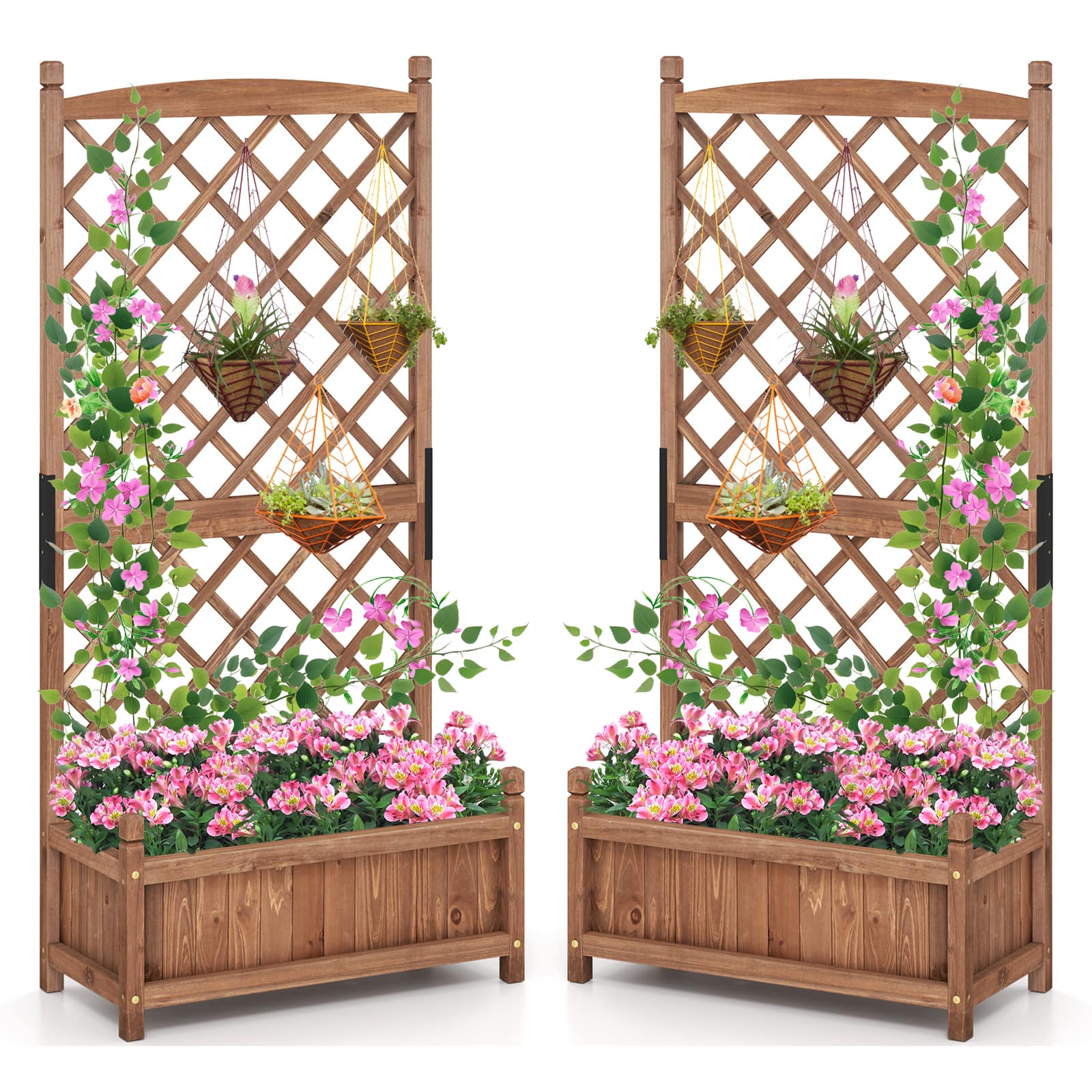 Gymax - 2PCS 60'' Tall Raised Garden Bed w/ Diamond Lattice Trellis Drainage Holes Outdoor - Brown