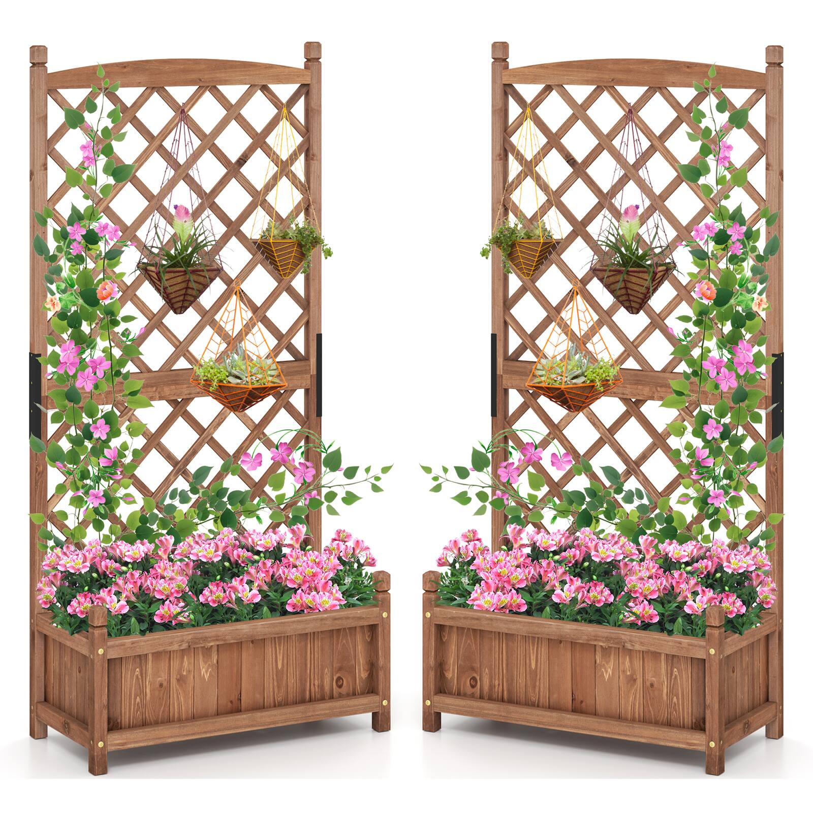 Front. Gymax - Gymax 2PCS 60'' Tall Raised Garden Bed w/ Diamond Lattice Trellis Drainage Holes Outdoor - Brown.