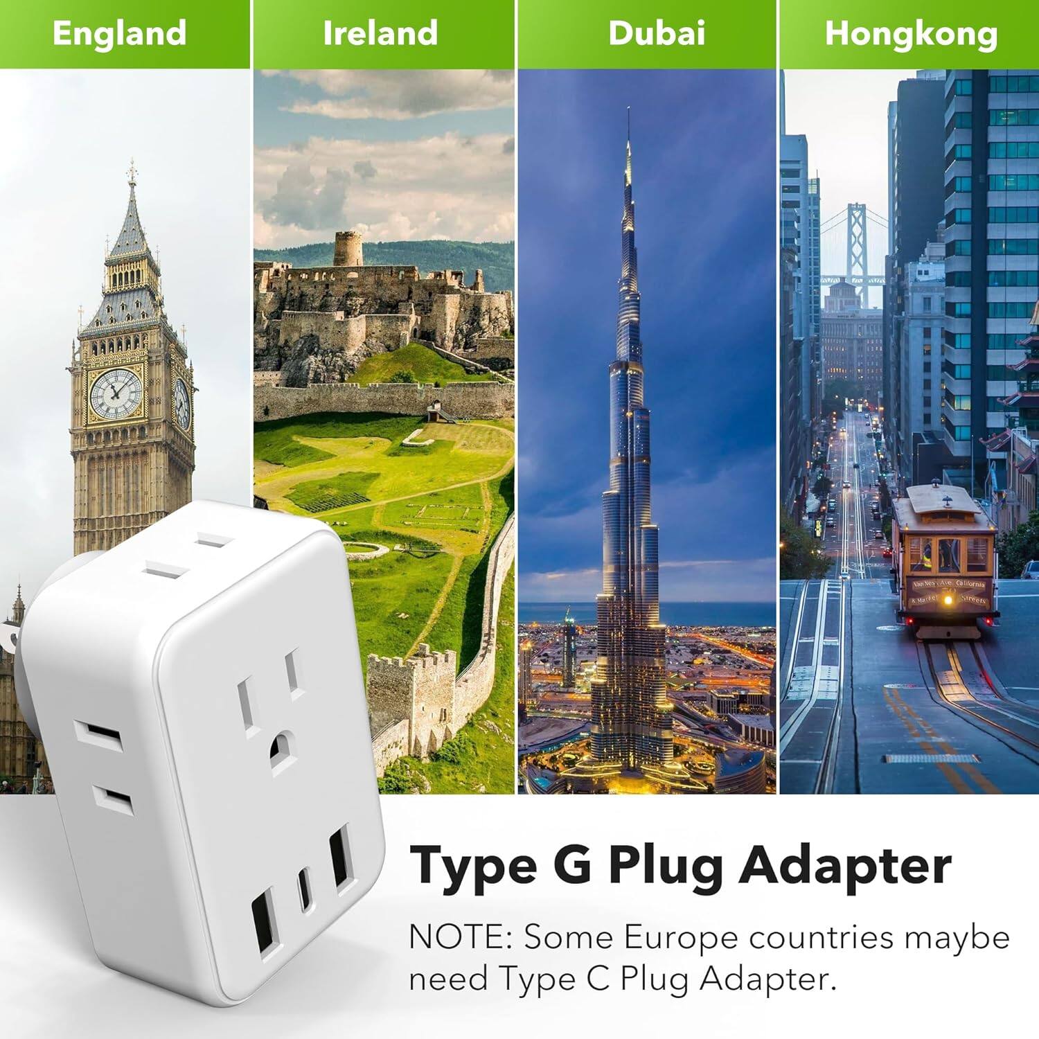 England, Ireland, Dubai, Hong Kong

Type G Plug Adapter

NOTE: Some Europe countries maybe need Type C Plug Adapter.