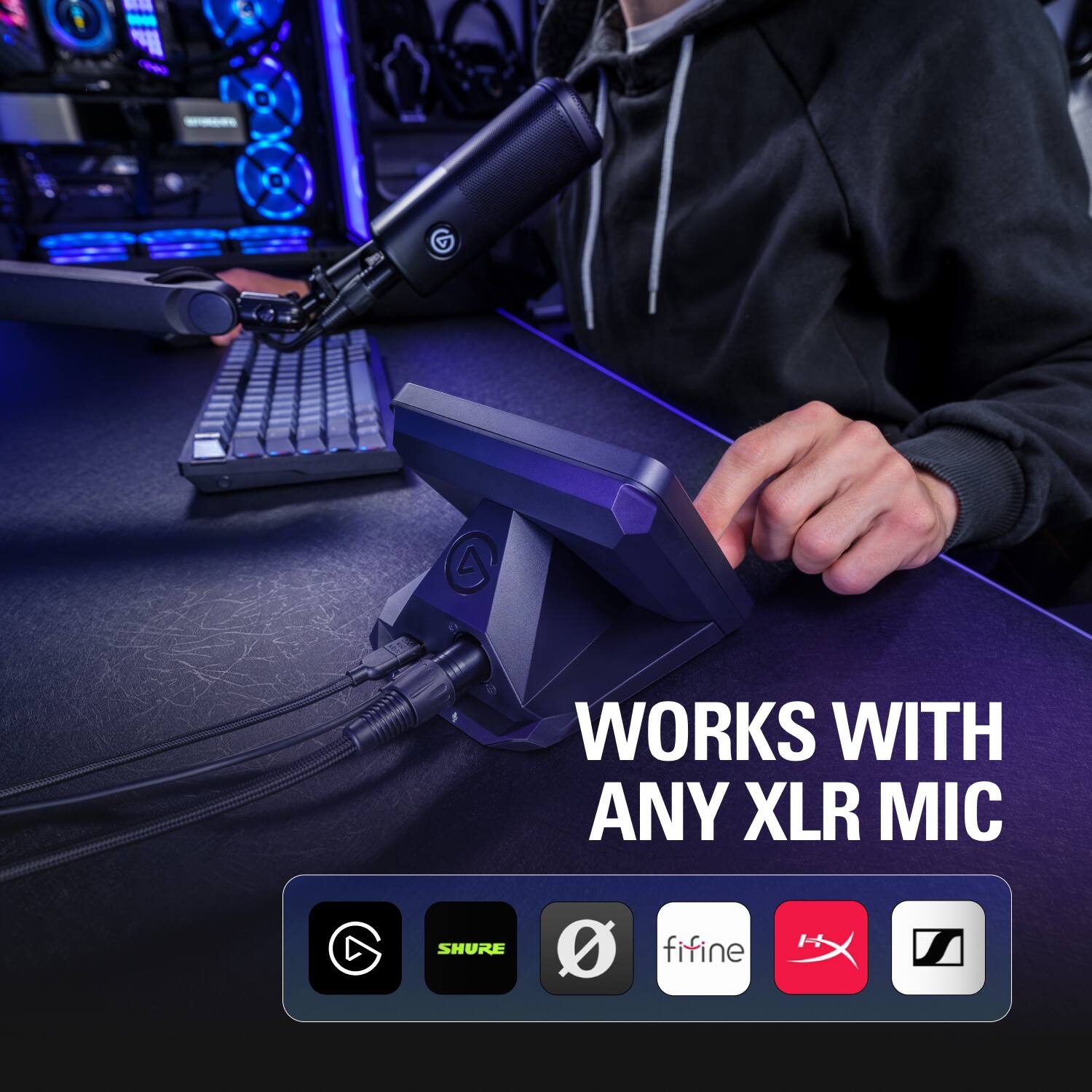 WORKS WITH ANY XLR MIC

SHURE  
fifine  
HyperX  
SteelSeries