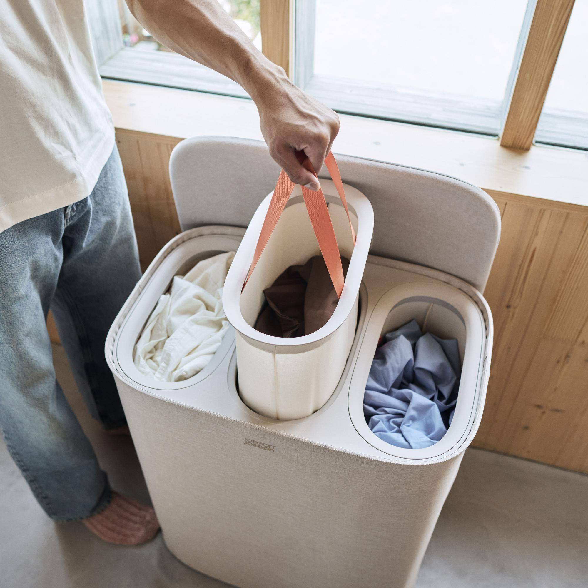 Alt View 4. Joseph Joseph - Tota 2 Trio 90-liter Easy-Empty Laundry Separation Hamper - Pale Mushroom.