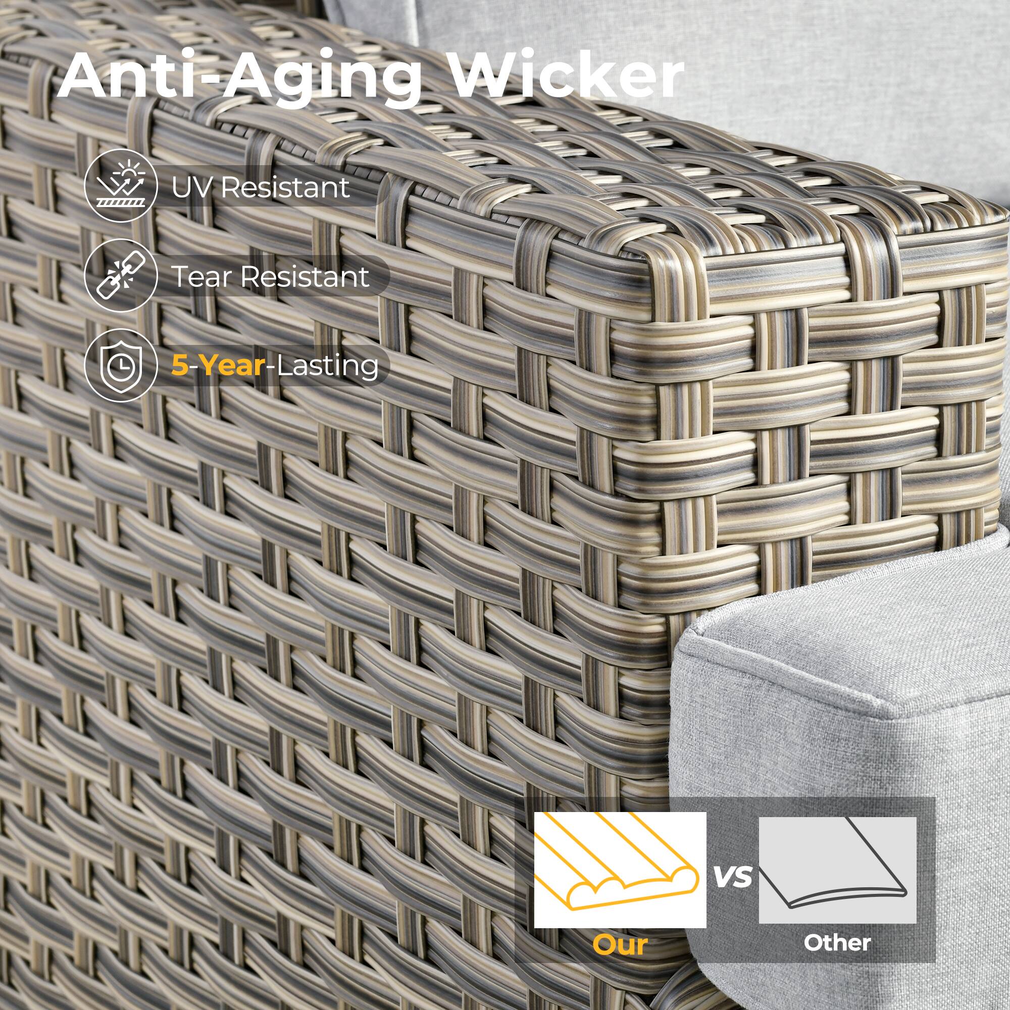 Anti-Aging Wicker

- UV Resistant
- Tear Resistant
- 5-Year-Lasting

Our vs Other
