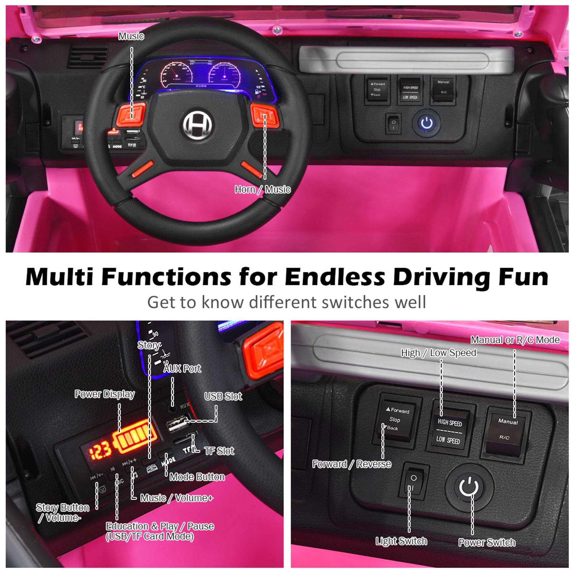 Multi Functions for Endless Driving Fun  
Get to know different switches well  

- Music  
- Horn / Music  
- Story  
- Aux Port  
- Power Display  
- USB Slot  
- TF Slot  
- Mode Button  
- Story Button / Volume+ / Volume-  
- Education & Play / Pause (USB/TF Card Mode)  
- Light Switch  
- Power Switch  
- Forward / Reverse  
- High / Low Speed  
- Manual or R/C Mode  
- Manual  
- R/C  
- Forward / Stop / Reverse  
- High Speed  
- Low Speed