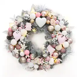 Acekool - 24 Inch Prelit Christmas Wreath Artificial Xmas Wreath with 20 Led Lights Heart and Gift Box Ornaments for Front Door - Pink