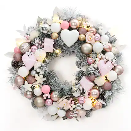 Front. Acekool - 24 Inch Prelit Christmas Wreath Artificial Xmas Wreath with 20 Led Lights Heart and Gift Box Ornaments for Front Door - Pink.