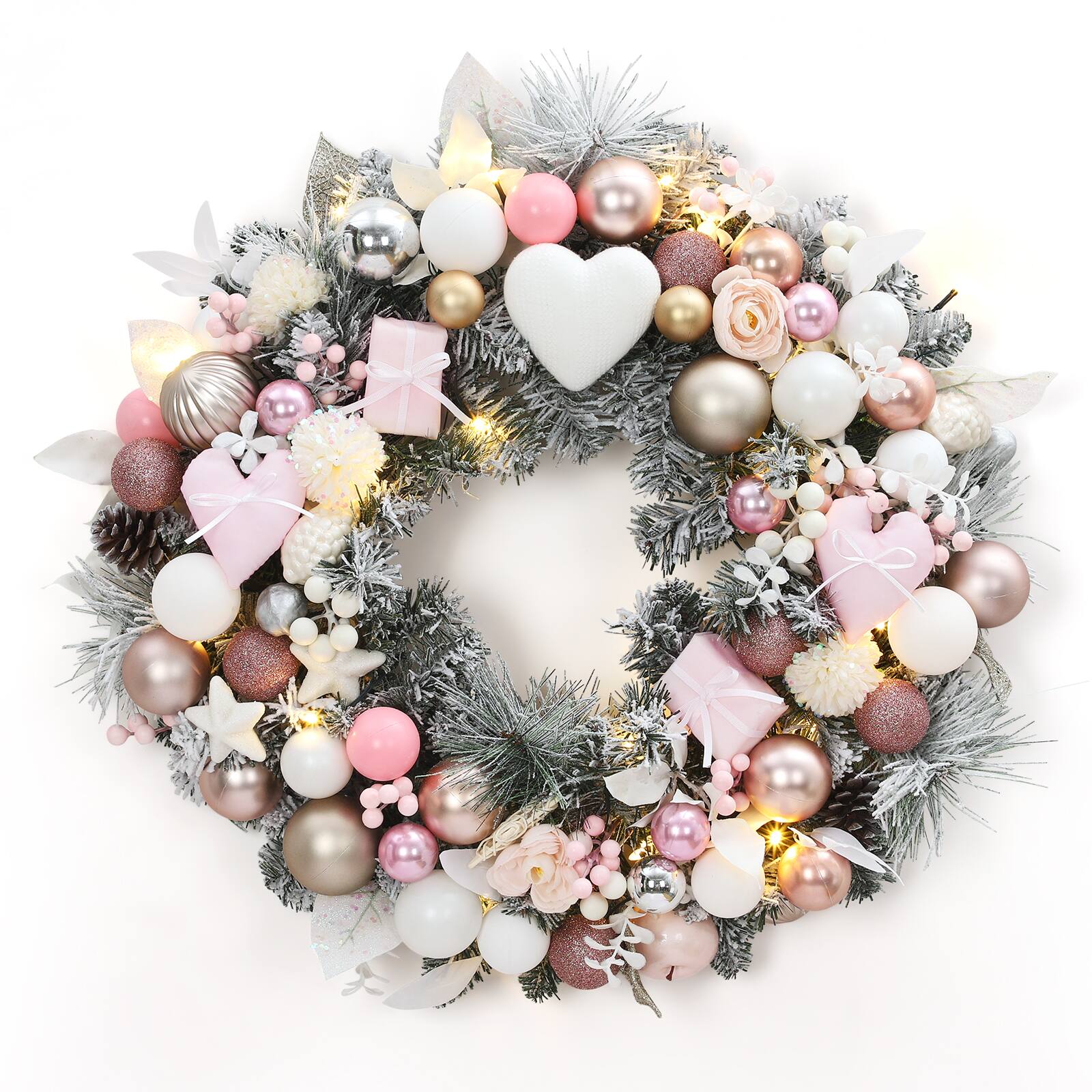 Front. Acekool - 24 Inch Prelit Christmas Wreath Artificial Xmas Wreath with 20 Led Lights Heart and Gift Box Ornaments for Front Door - Pink.