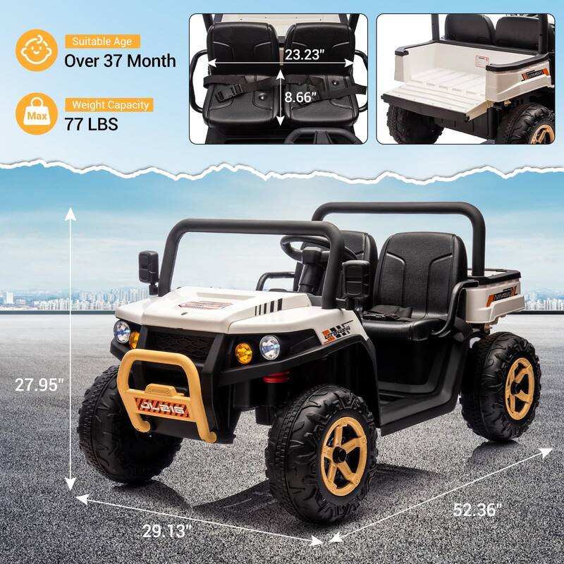 Suitable Age: Over 37 Month

Weight Capacity: 77 LBS

Dimensions:
- Seat Height: 8.66"
- Seat Width: 23.23"
- Overall Length: 52.36"
- Overall Width: 29.13"
- Overall Height: 27.95"