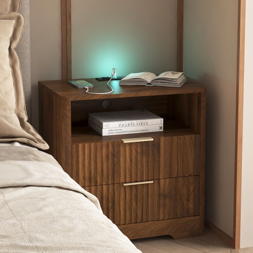 LUCKY ONE - Assembled Nightstand with Charging Station Voice Light USB Storage Cabinet - Wood