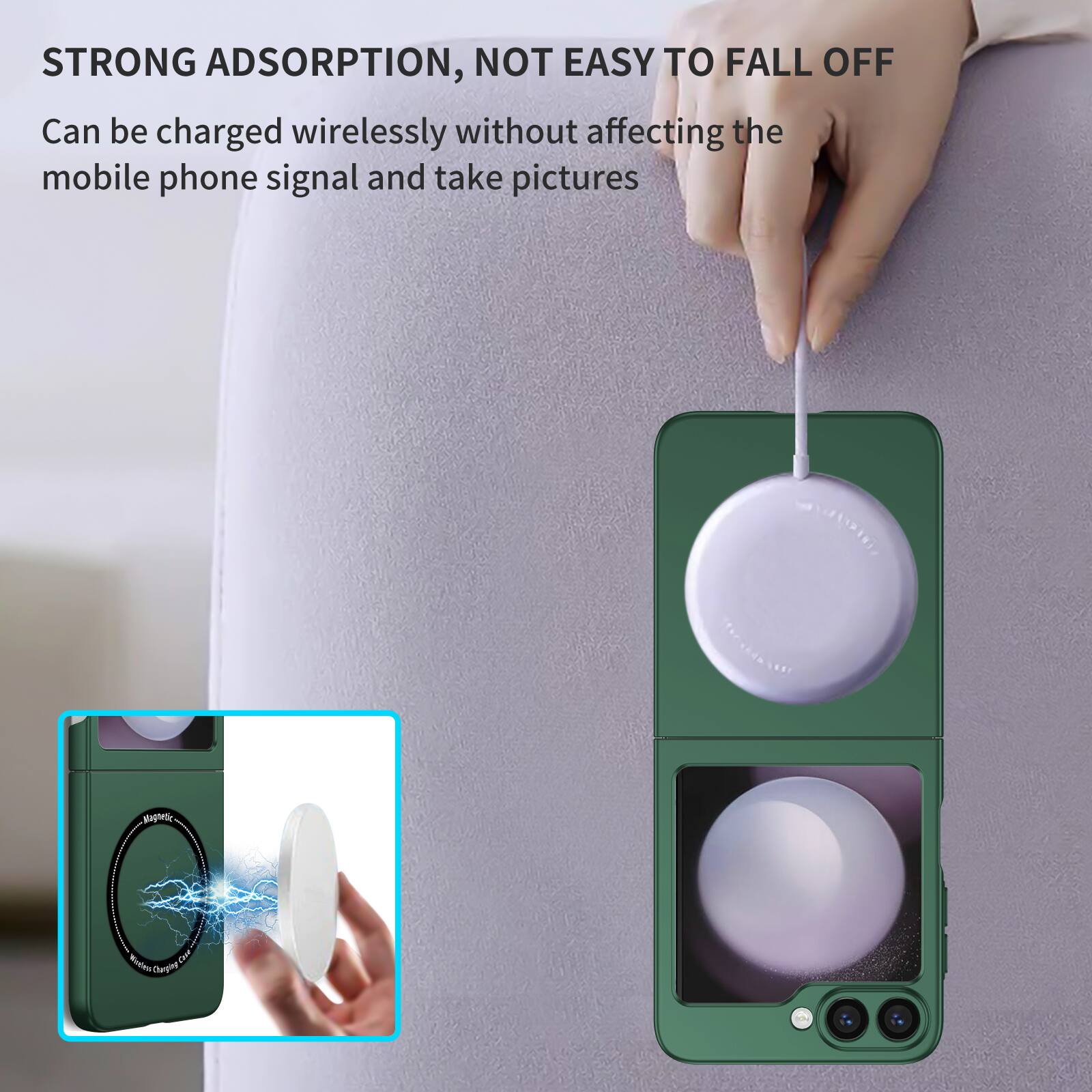 STRONG ADSORPTION, NOT EASY TO FALL OFF

Can be charged wirelessly without affecting the mobile phone signal and take pictures