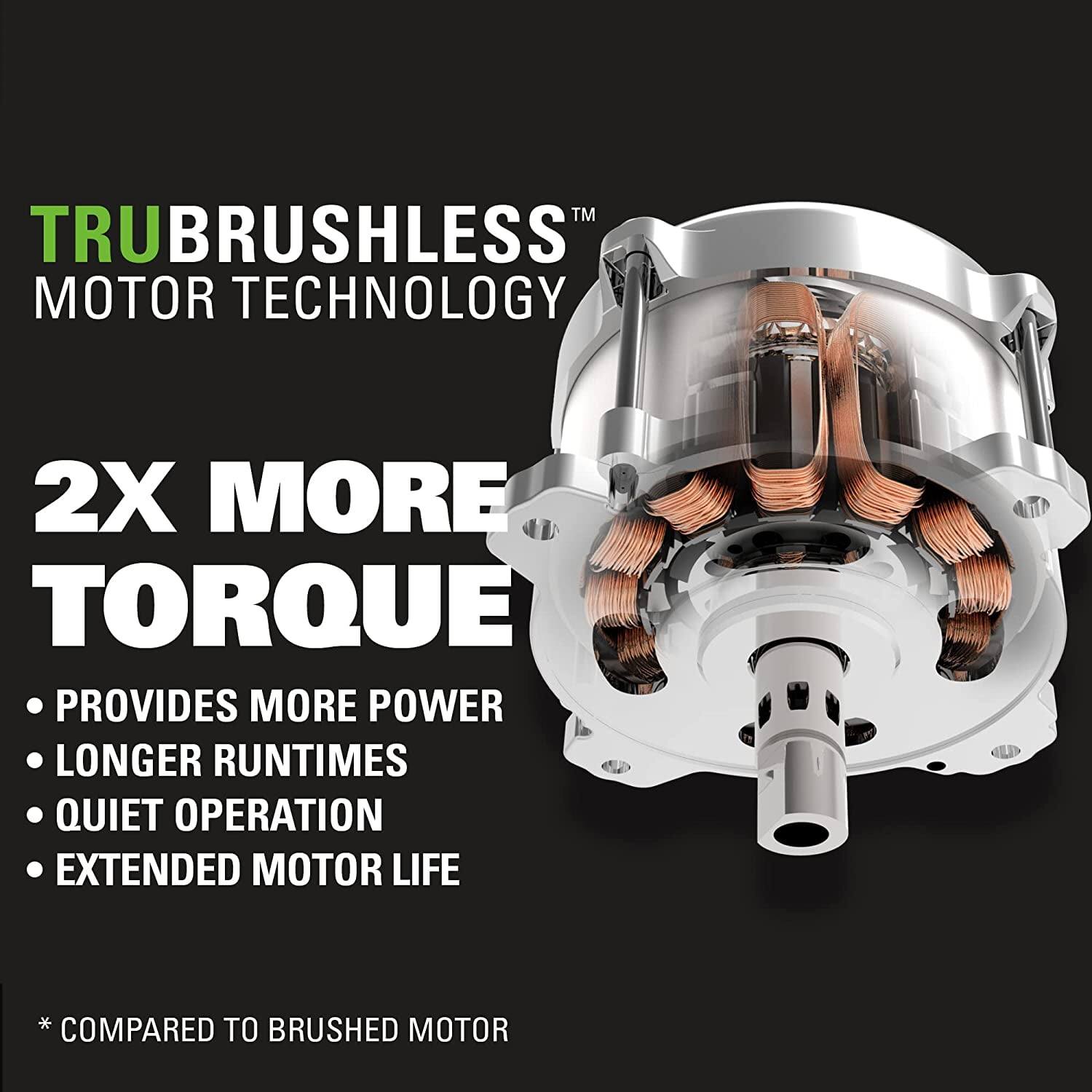 TRUBRUSHLESS™ MOTOR TECHNOLOGY

2X MORE TORQUE

- PROVIDES MORE POWER
- LONGER RUNTIMES
- QUIET OPERATION
- EXTENDED MOTOR LIFE

* COMPARED TO BRUSHED MOTOR