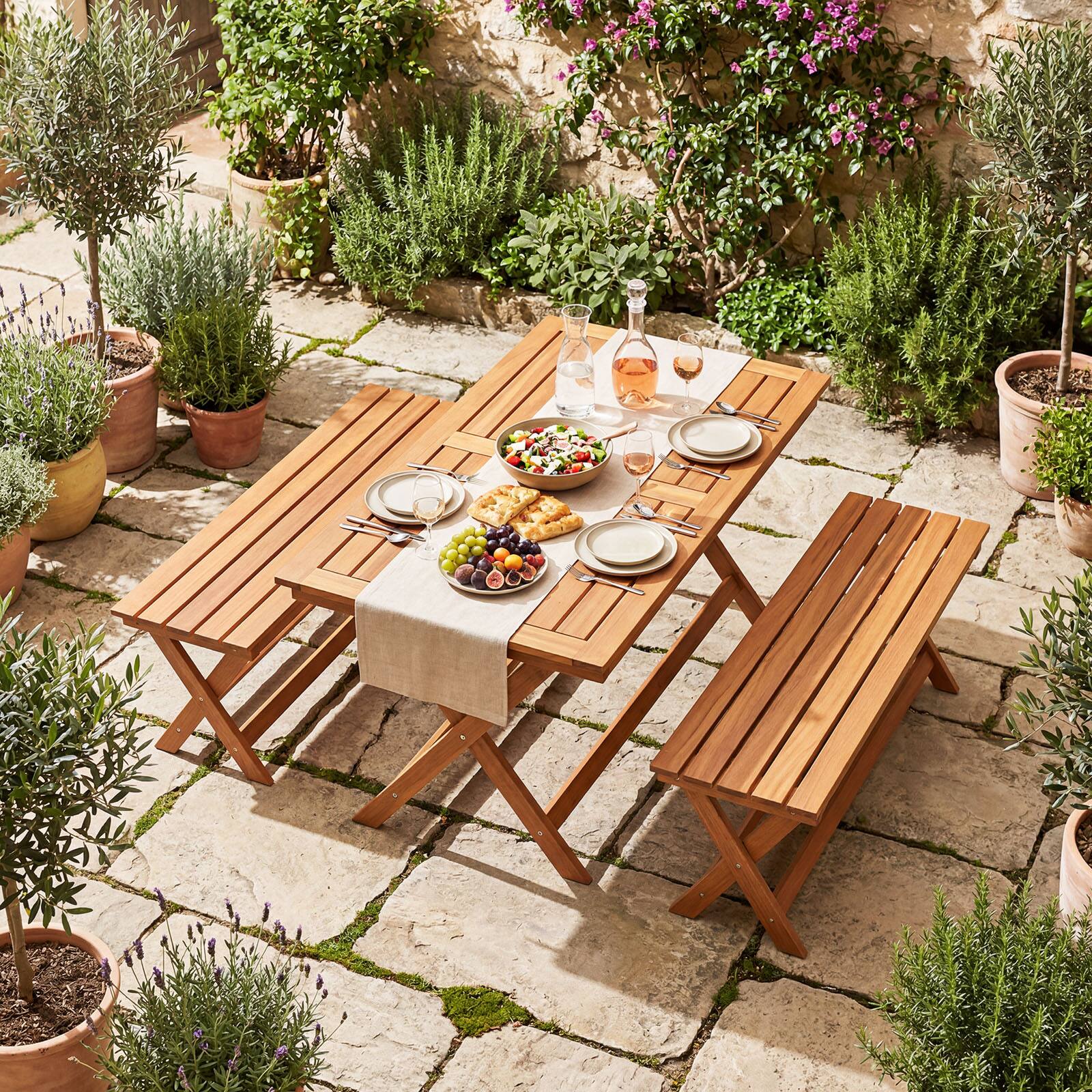 Alt View 4. Costway - Costway 2 Pcs Outdoor Bench,Dining Benches with Slatted Seats,2-Person Backless Garden Bench - Natural.