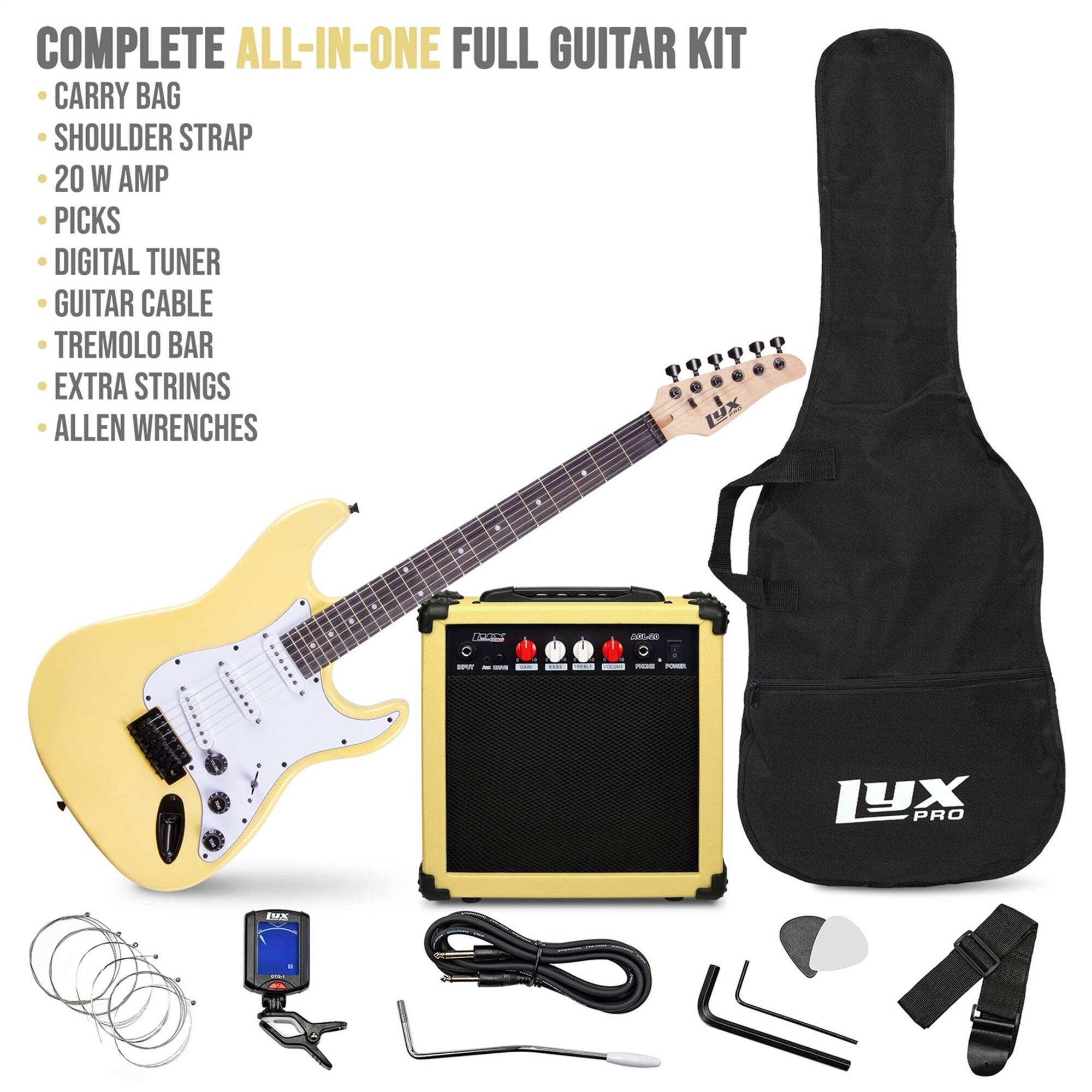 COMPLETE ALL-IN-ONE FULL GUITAR KIT
CARRY BAG
SHOULDER STRAP
20 W AMP
PICKS
DIGITAL TUNER
GUITAR CABLE
TREMOLO BAR
EXTRA STRINGS
ALLEN WRENCHES
NEAS DAe - - LYX PRO IMX
