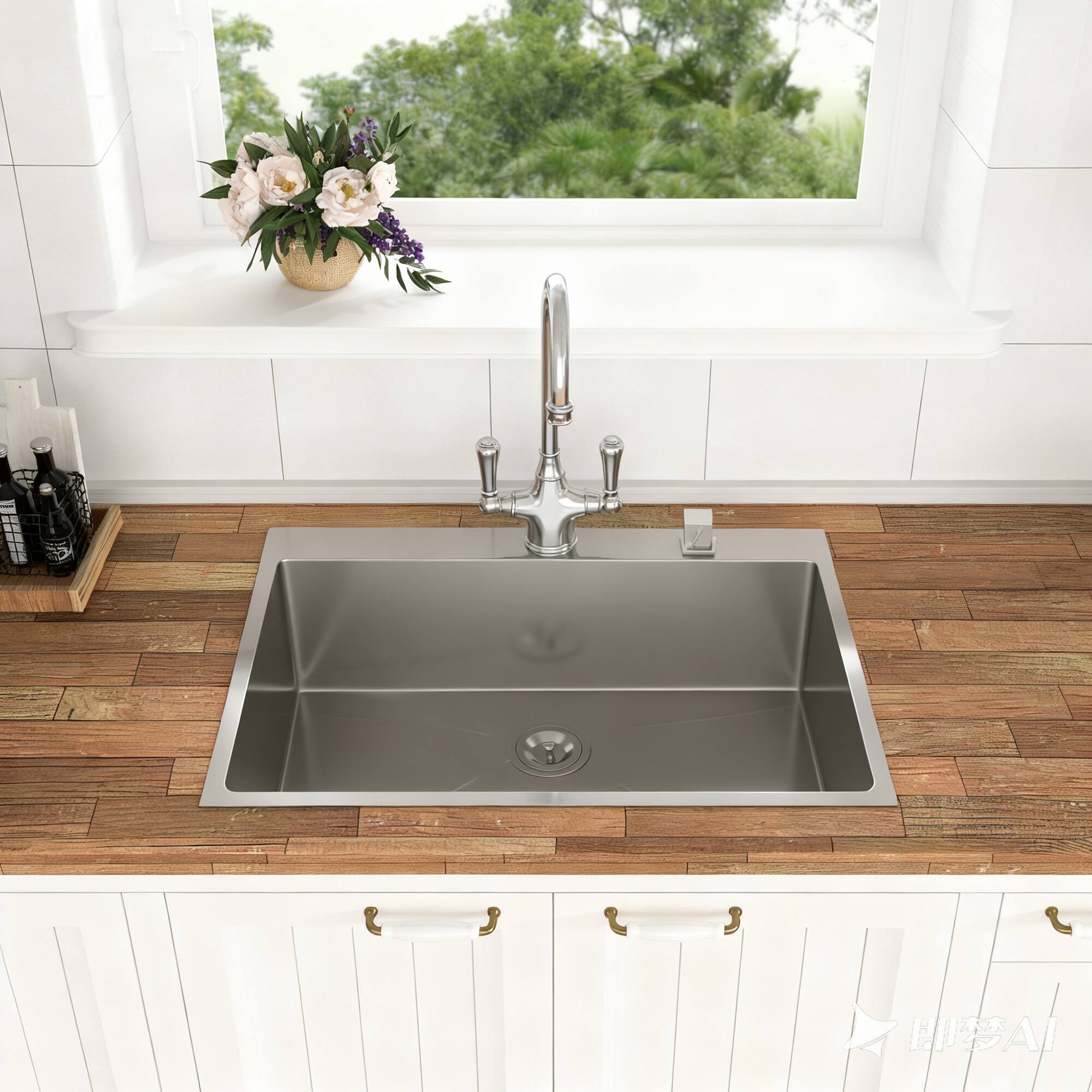 Angle. TinyHomie - 33x19x9 Inch Drop in 16Gauge Stainless Steel Single Bowl Kitchen Sink with Drain Assembly - brown.
