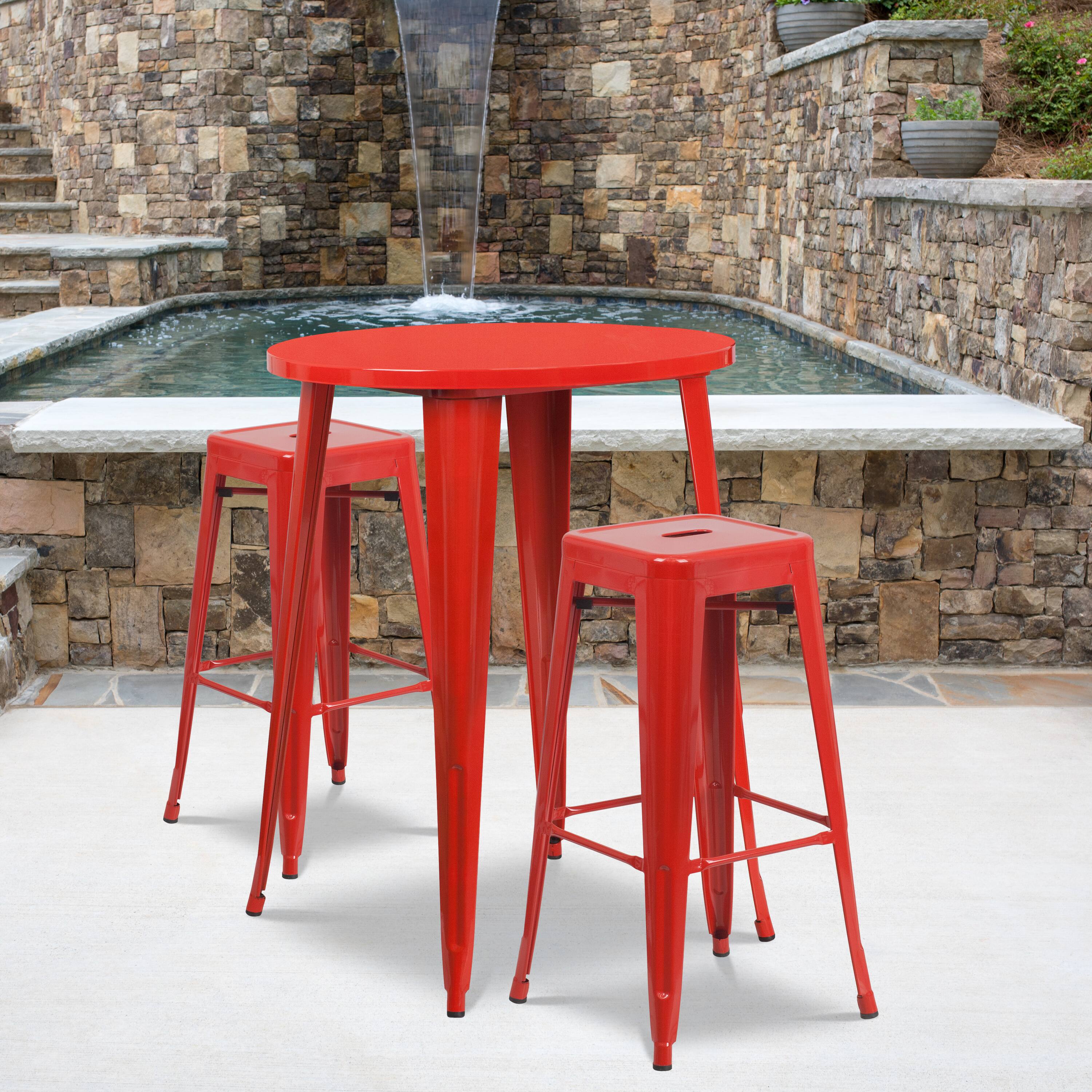 Alt View 1. Emma + Oliver - Commercial Grade 30" Round Metal Indoor-Outdoor Bar Table Set, 2 Backless Stools - Red.