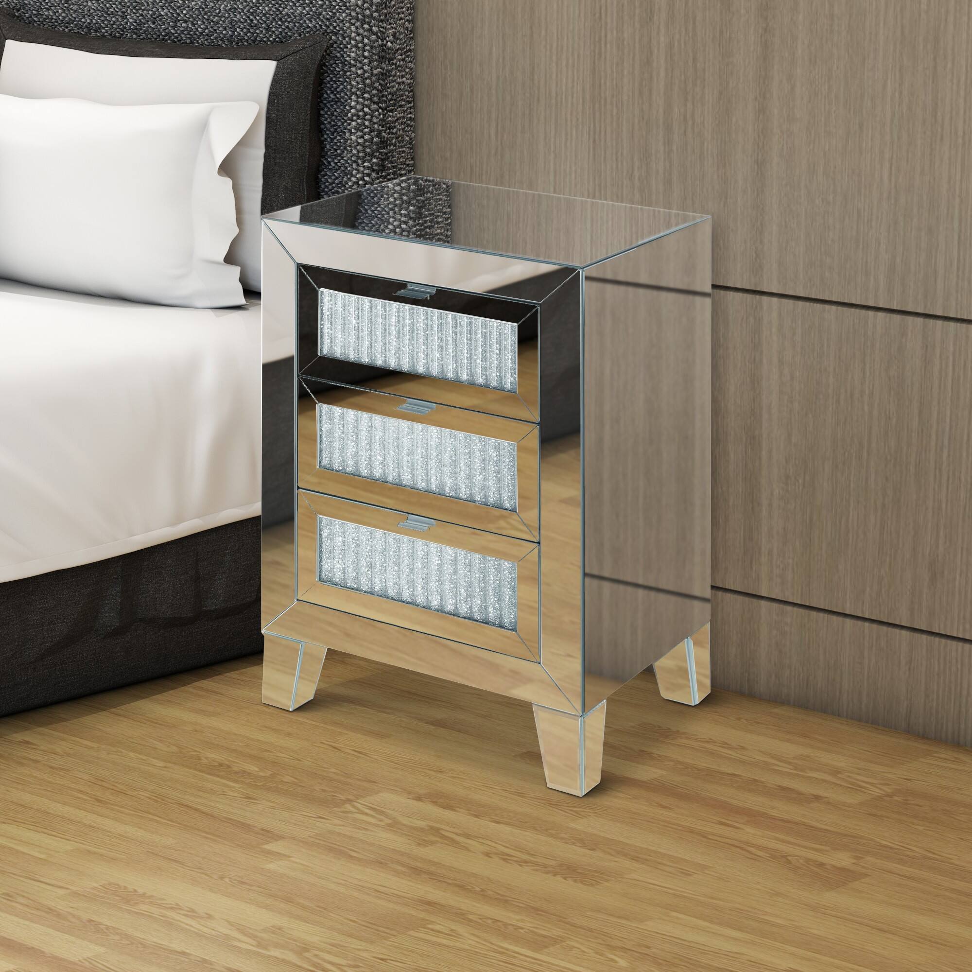 Alt View 5. Manhattan Lane - Contemporary Style Wooden Mirrored Night Table with 3 Drawers - Silver.