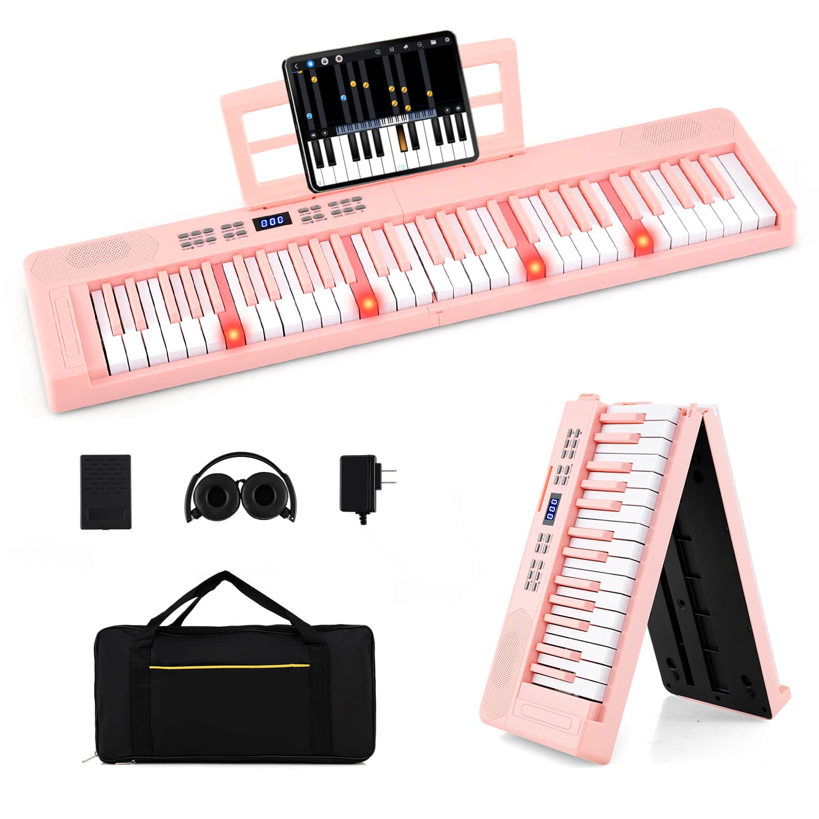 Gymax - 61-Key Foldable Piano Keyboard w/MIDI Split Function Headphone Sustain Pedal - Pink