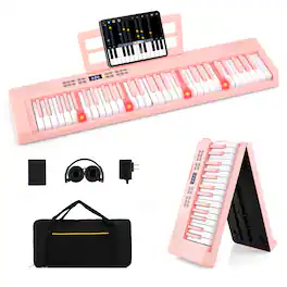 Gymax - 61-Key Foldable Piano Keyboard w/MIDI Split Function Headphone Sustain Pedal - Pink