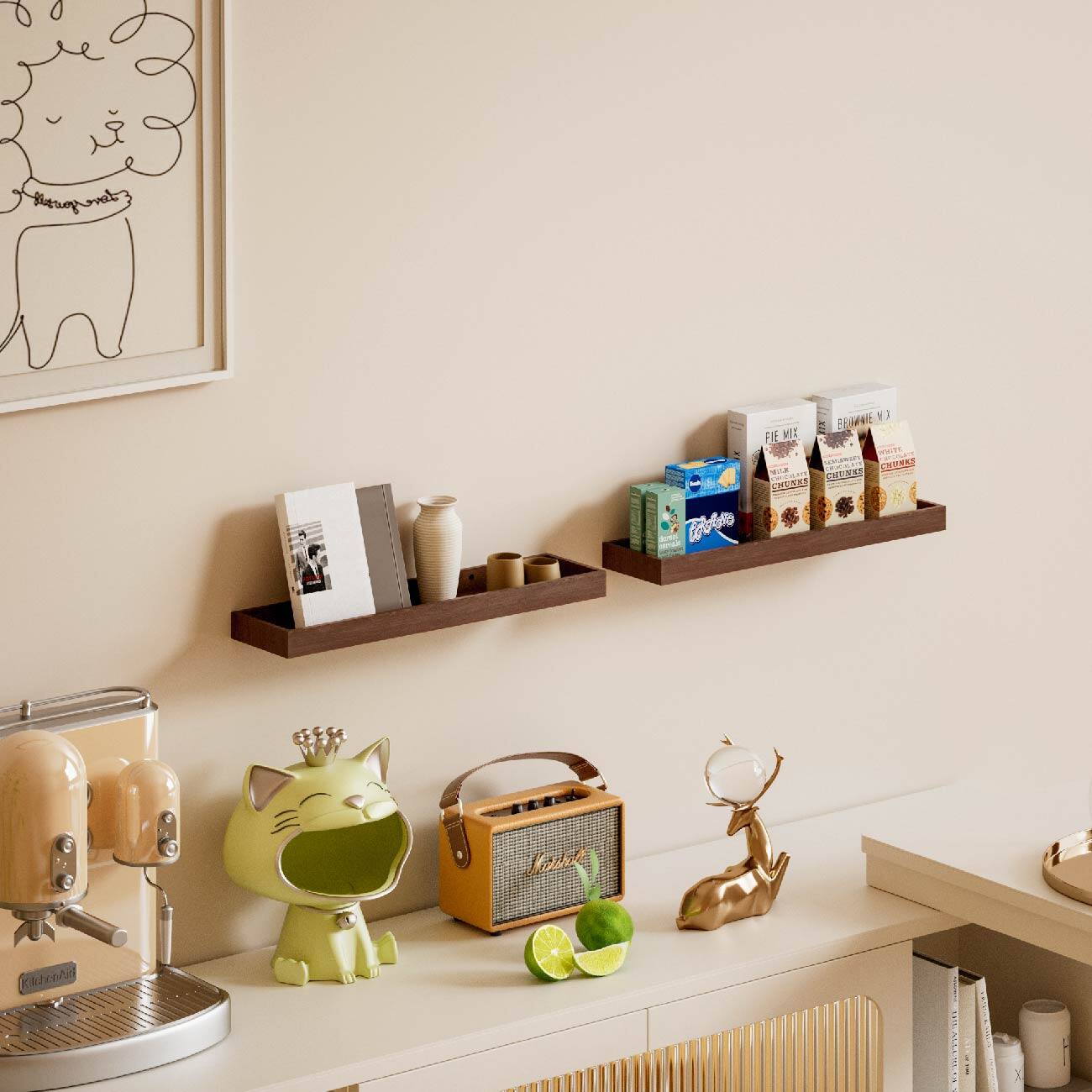 Sure, here is the corrected and grouped text from the image:

**Top Shelf:**
- PIE MIX
- BROWNIE MIX
- CHURROS
- CHURROS

**Middle Shelf:**
- (No visible text)

**Bottom Shelf:**
- (No visible text)

**Picture Frame:**
- "Sweet dreams"