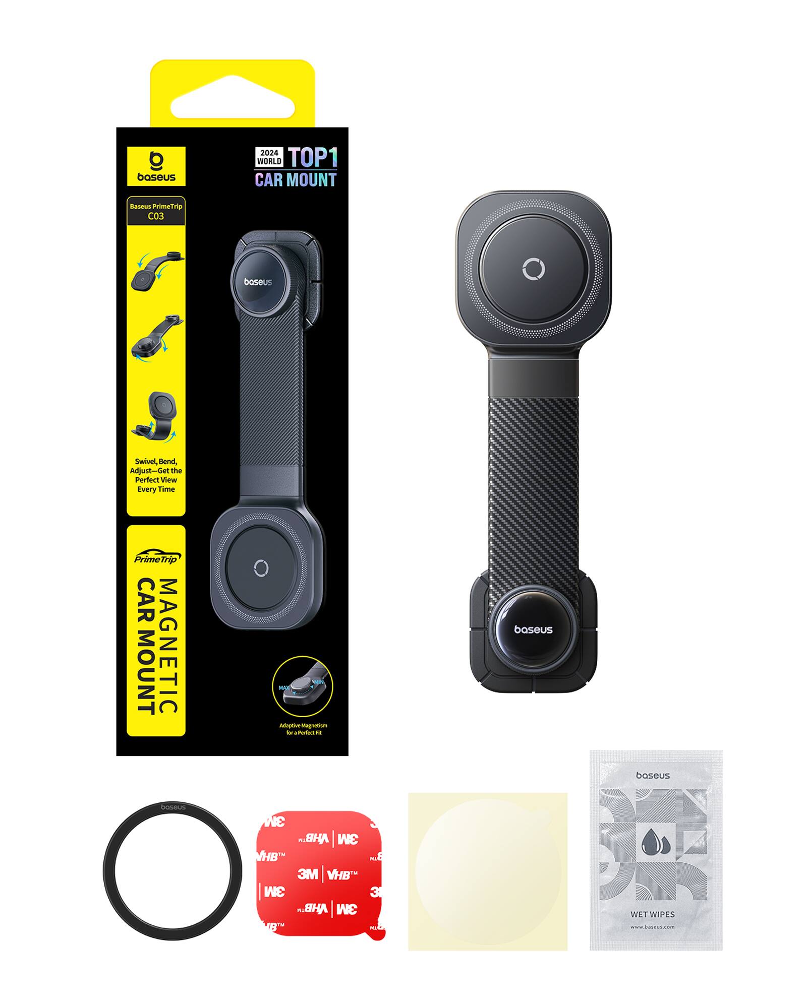 Baseus PrimeTrip C3 Car Mount Baseus PrimeTrip C3 Swivel, Bend, Adjust - Get the Perfect View Every Time PrimeTrip Car Mount Magnetic - Adjustable Magnetization for a Perfect Fit 3M AHB, 3M HB, 3M VHB, 3M 18, Wet Wipes