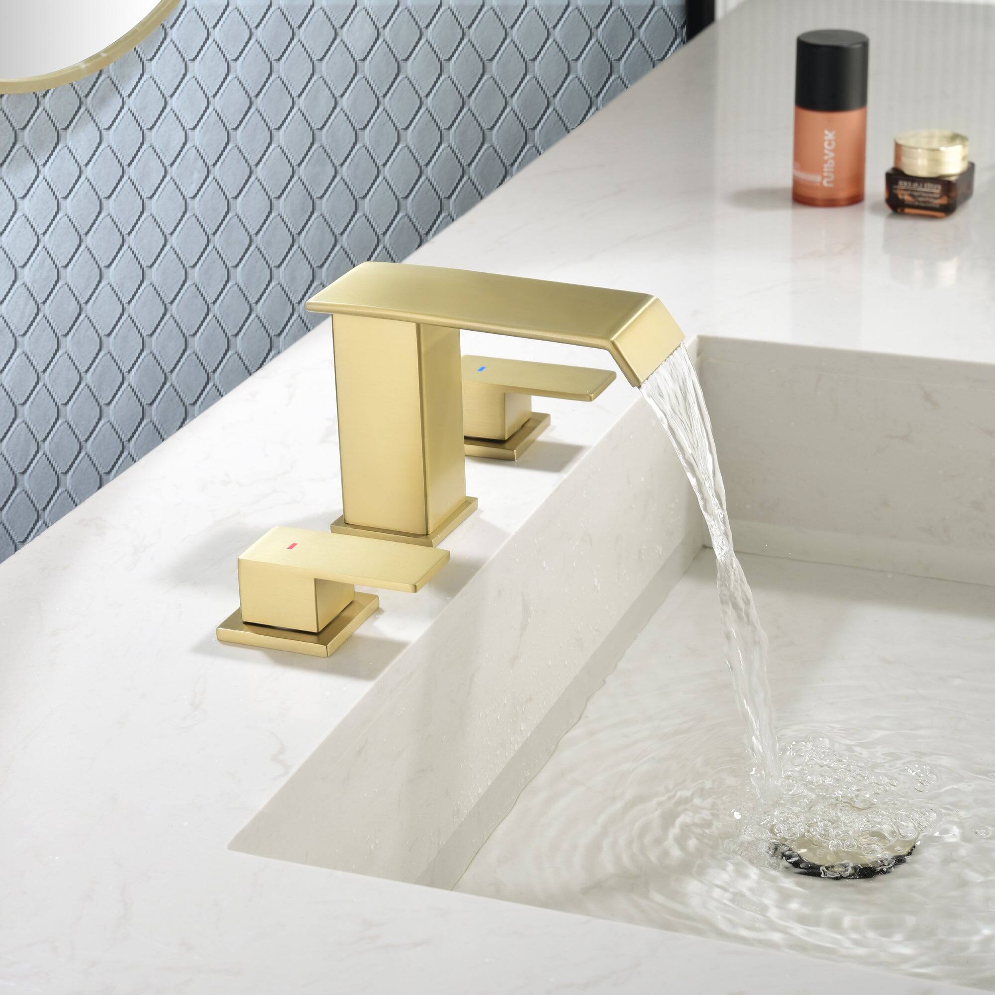 Alt View 1. Boyel Living - Brushed Gold Faucet SUS304 Waterfall Spout cUPC Quick Connect Dual Handle Pop Up Drain - Brushed Gold.
