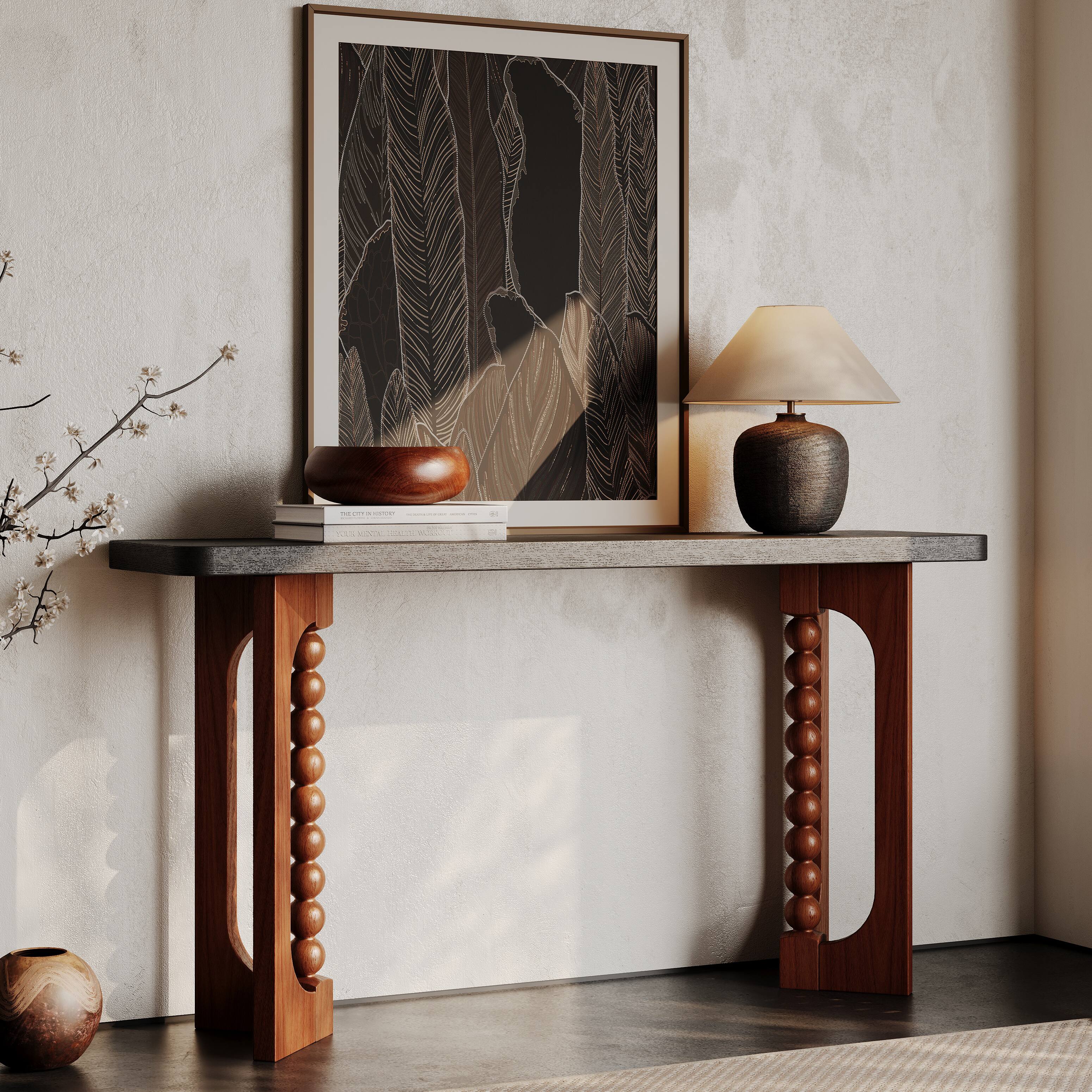 Front. Whisen - 59" Console Table, Solid Wood & MDF Entryway Sofa Table with Spherical Legs for Living Room Hallway - Black|Brown.