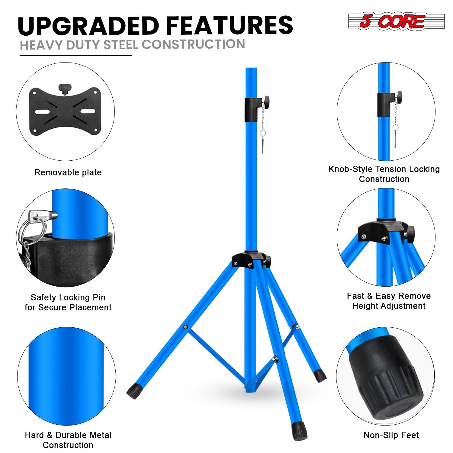 UPGRADED FEATURES  
HEAVY DUTY STEEL CONSTRUCTION

5 CORE

- Removable plate
- Knob-Style Tension Locking Construction
- Safety Locking Pin for Secure Placement
- Fast & Easy Remove Height Adjustment
- Hard & Durable Metal Construction
- Non-Slip Feet