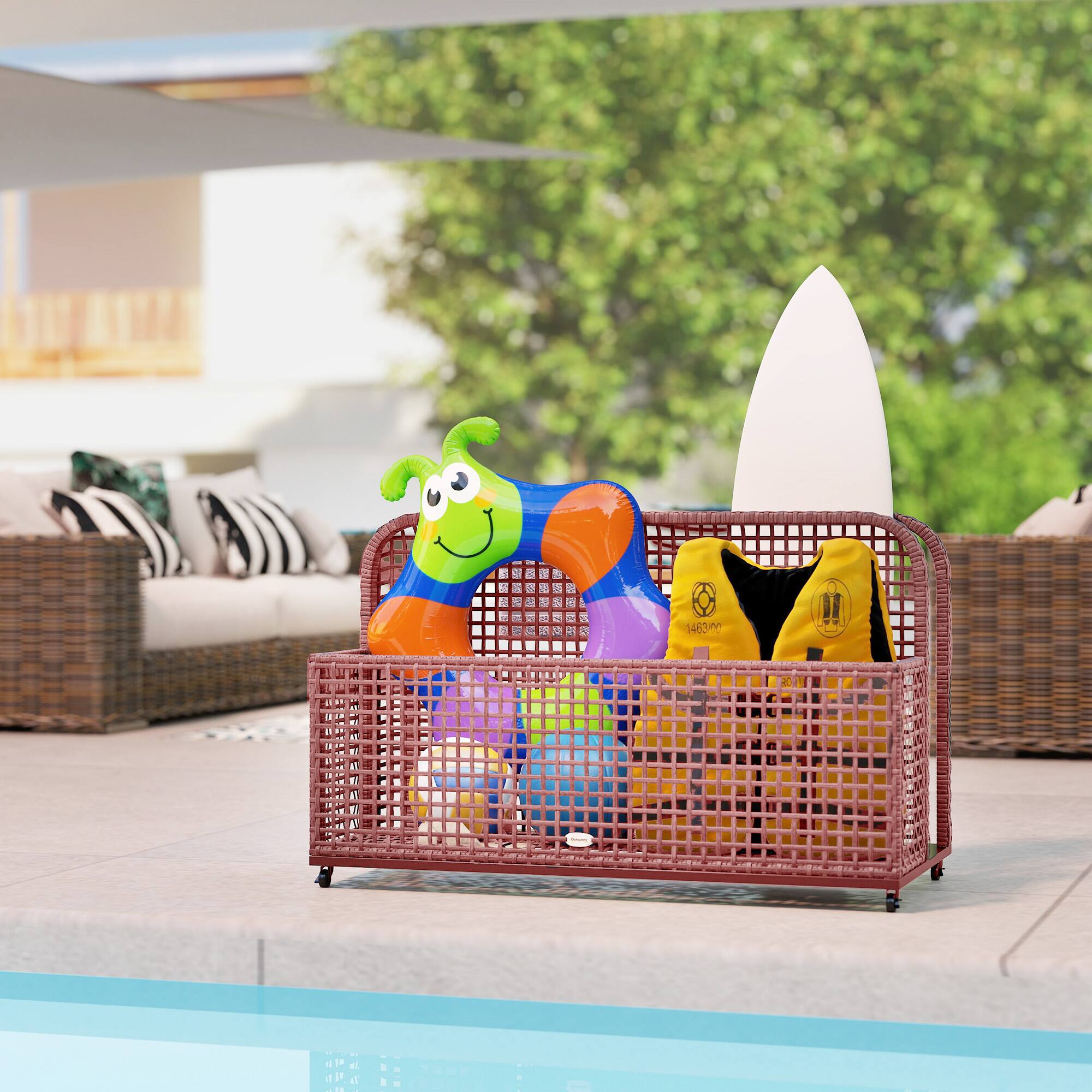Alt View 7. Outsunny - Wicker Pool Float Storage Organizer, PE Rattan Outdoor Pool Float Holder with Rolling Wheels for Noodles, Life Vests - Mixed Brown.