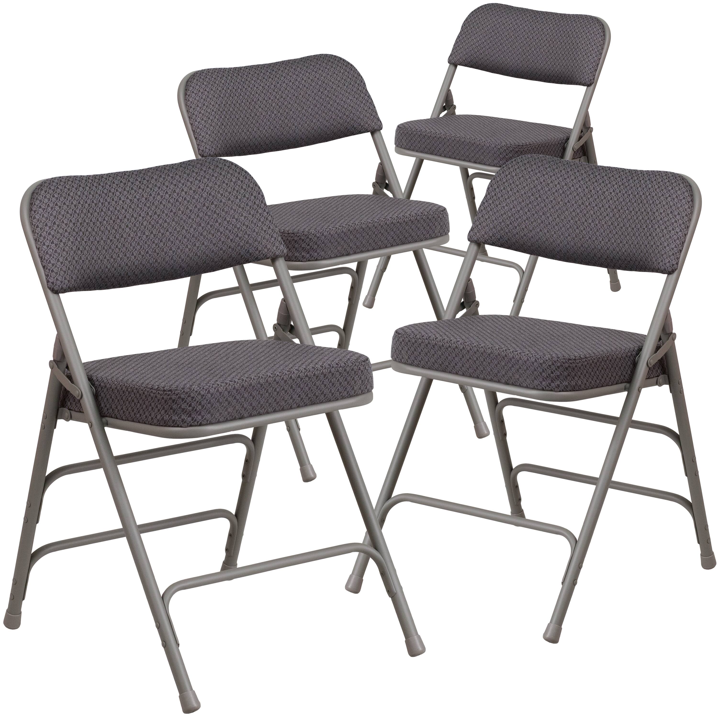 Emma + Oliver - 4 Pack Premium Curved Triple Braced & Hinged Fabric Upholstered Metal Folding Chair - Gray