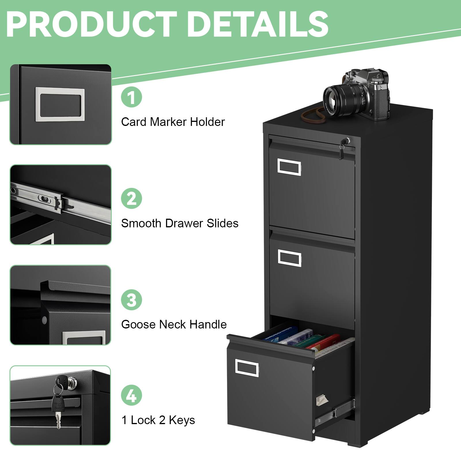 PRODUCT DETAILS

1. Card Marker Holder
2. Smooth Drawer Slides
3. Goose Neck Handle
4. 1 Lock 2 Keys