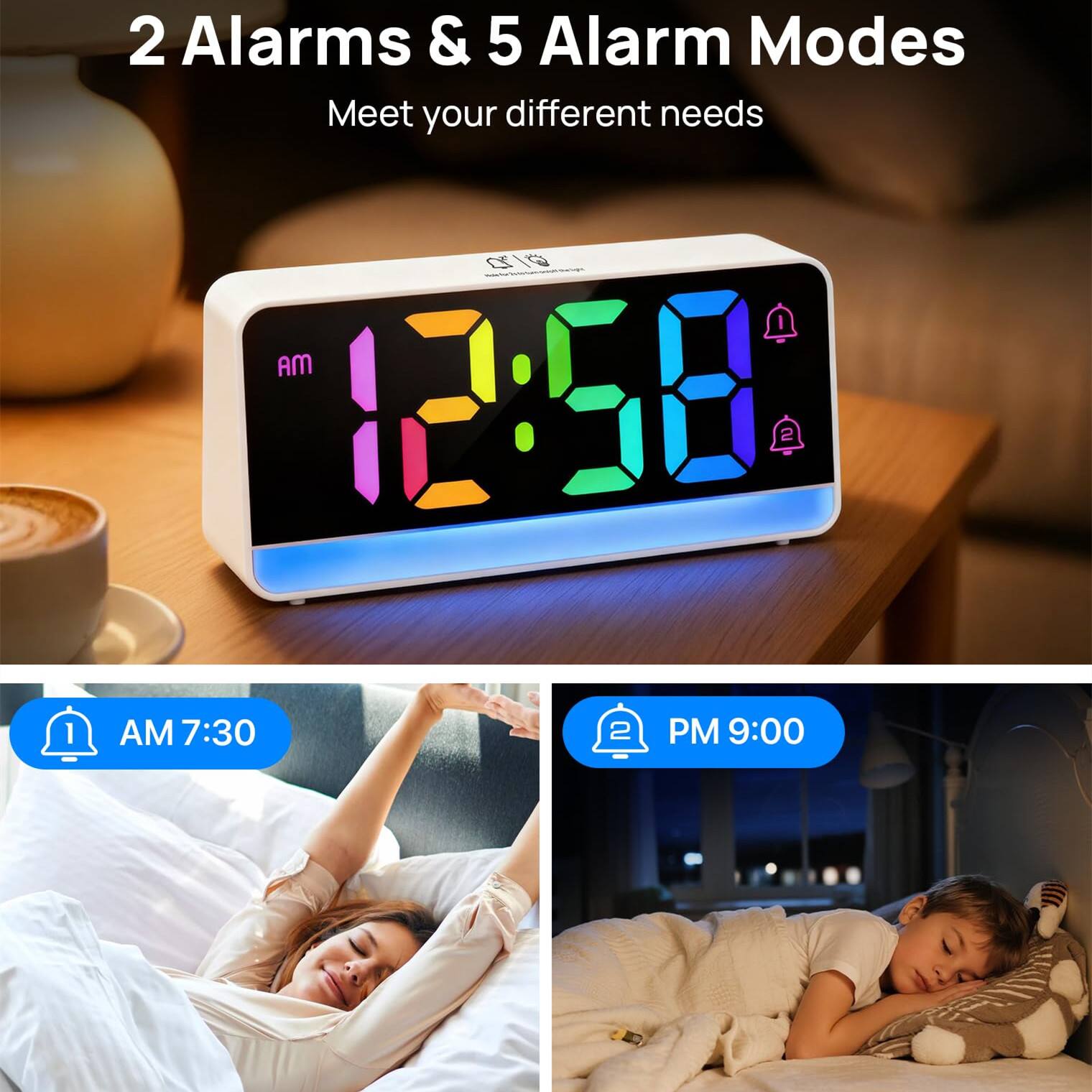 2 Alarms & 5 Alarm Modes  
Meet your different needs  

1. AM 12:50  
2. AM 7:30  
3. PM 9:00