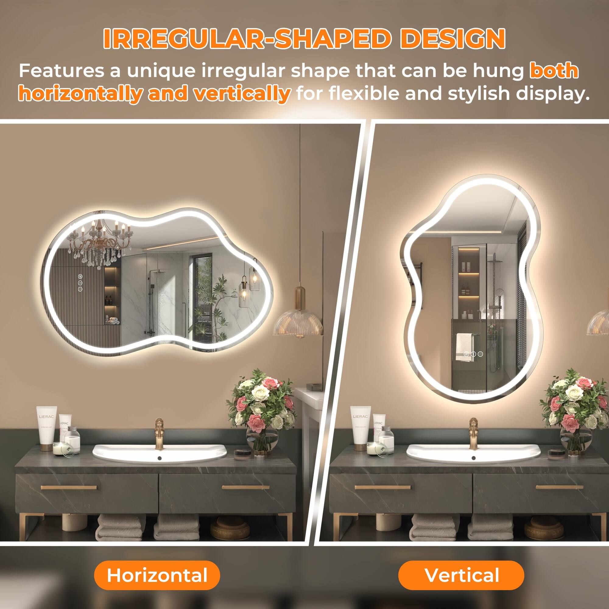 IRREGULAR-SHAPED DESIGN  
Features a unique irregular shape that can be hung both horizontally and vertically for flexible and stylish display.  

Horizontal  
Vertical