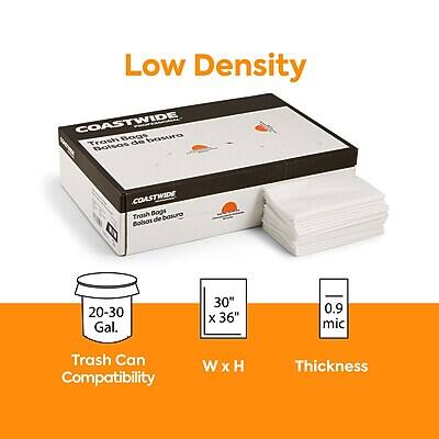 Low Density  
COASTWIDE Trash Bogs  
Trash Bags de Basura  
Bolas de Basura  

20-30 Gal.  
Trash Can Compatibility  

30" x 36"  
W x H  

0.9 mic  
Thickness