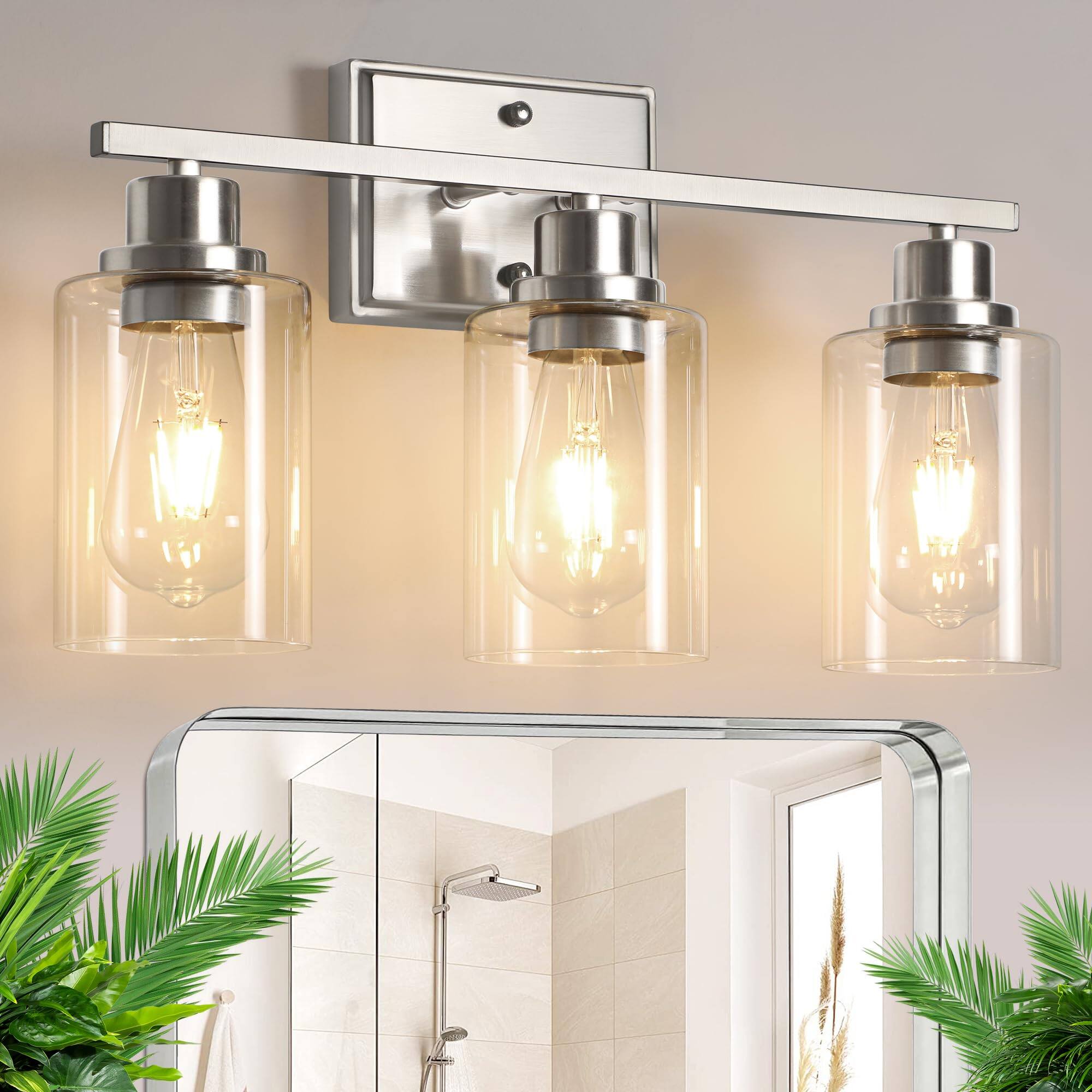 Dazzling Pops - Light Bathroom Fixtures Modern Vanity Lights Over Mirror Wall Lamp With Clear Glass For Living Room Cabinet - Brushed Nickel 3 Light