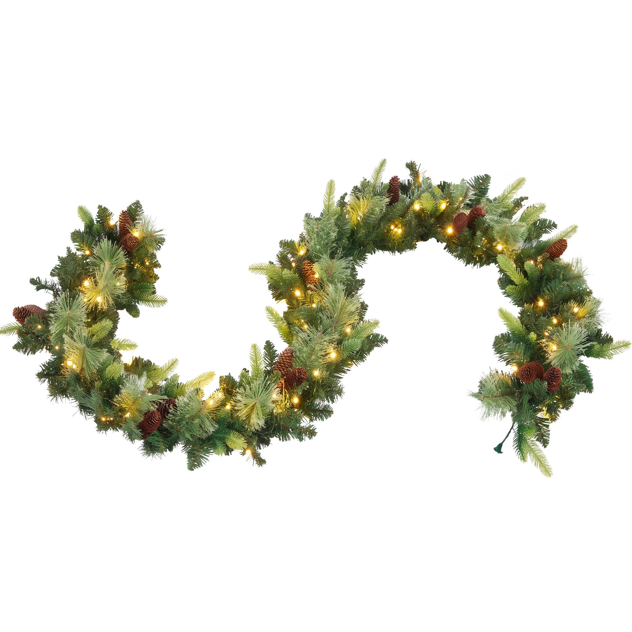 Front. Sweetcrispy - 9ft Pre-lit Artificial Christmas Garland with 100 LED Lights and Pinecones for Home, Staircase, Mantel, Doorway, Porch - Green.