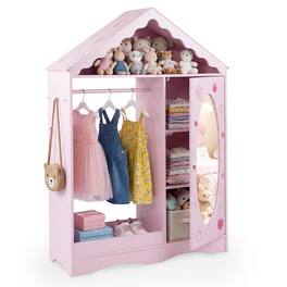 Gymax - Kids Dress Up Storage w/ Mirror Roofed Wardrobe Closet w/ Open Hanging Rack - Pink