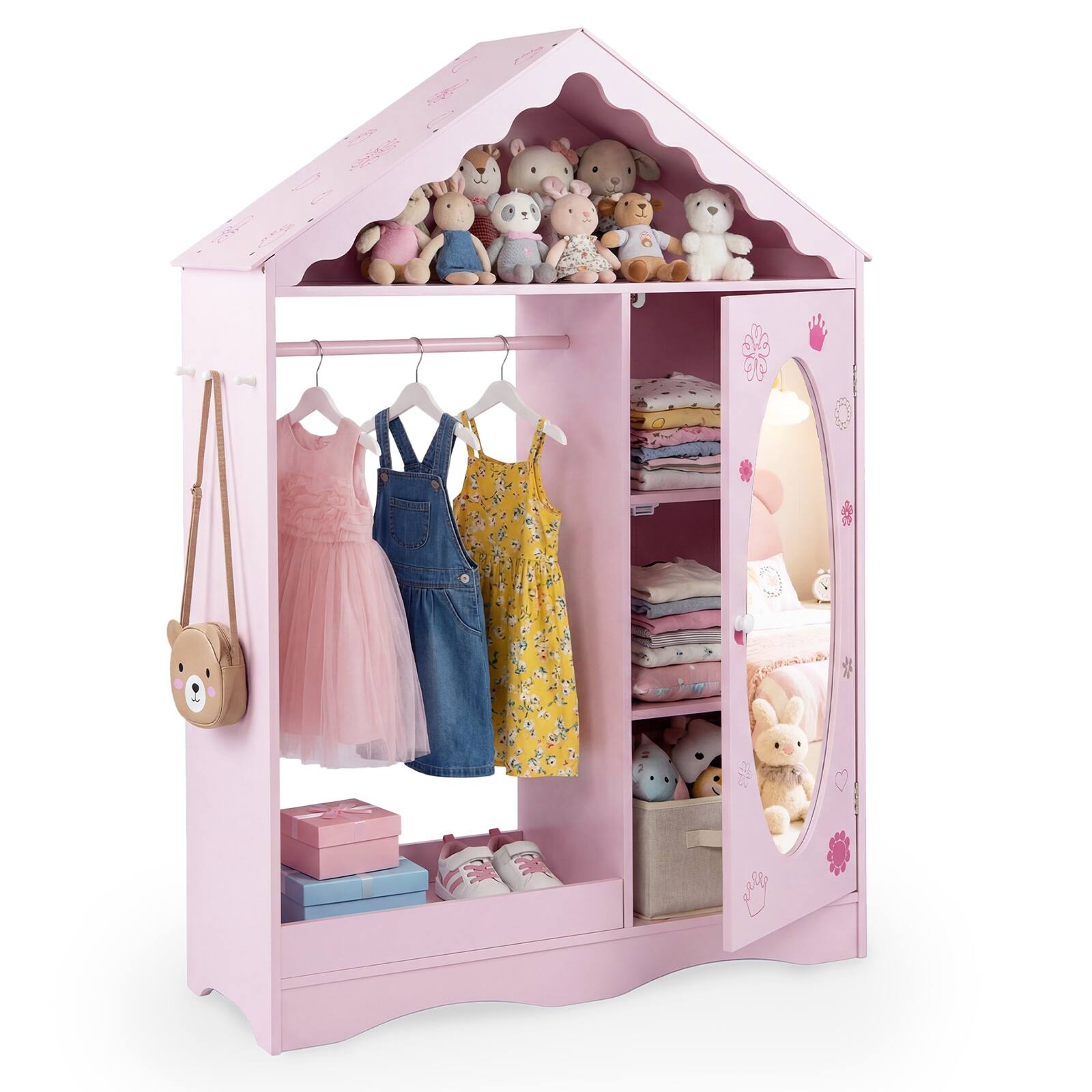 Front. Gymax - Gymax Kids Dress Up Storage w/ Mirror Roofed Wardrobe Closet w/ Open Hanging Rack Pink - Pink.
