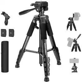 Neewer - Basics 74" Aluminum Tripod with 3-Way Head & Phone Holder, TP56 - Black