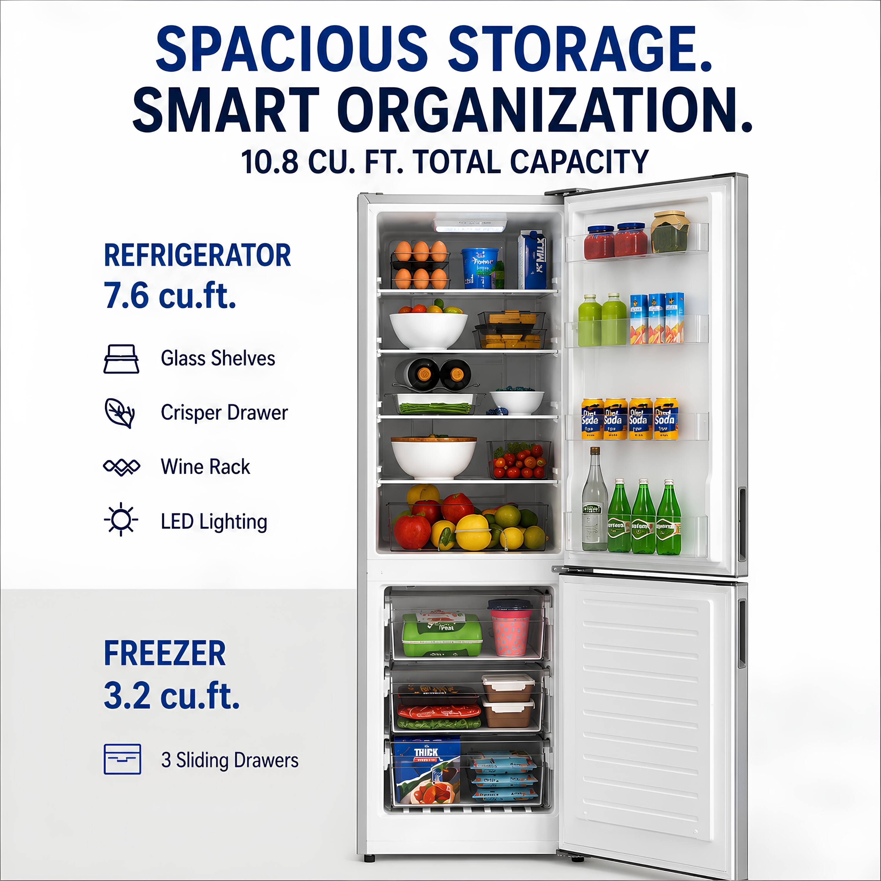 SPACIOUS STORAGE. SMART ORGANIZATION.  
10.8 CU. FT. TOTAL CAPACITY  

REFRIGERATOR  
7.6 cu.ft.  
- Glass Shelves  
- Crisper Drawer  
- Wine Rack  
- LED Lighting  

FREEZER  
3.2 cu.ft.  
- 3 Sliding Drawers
