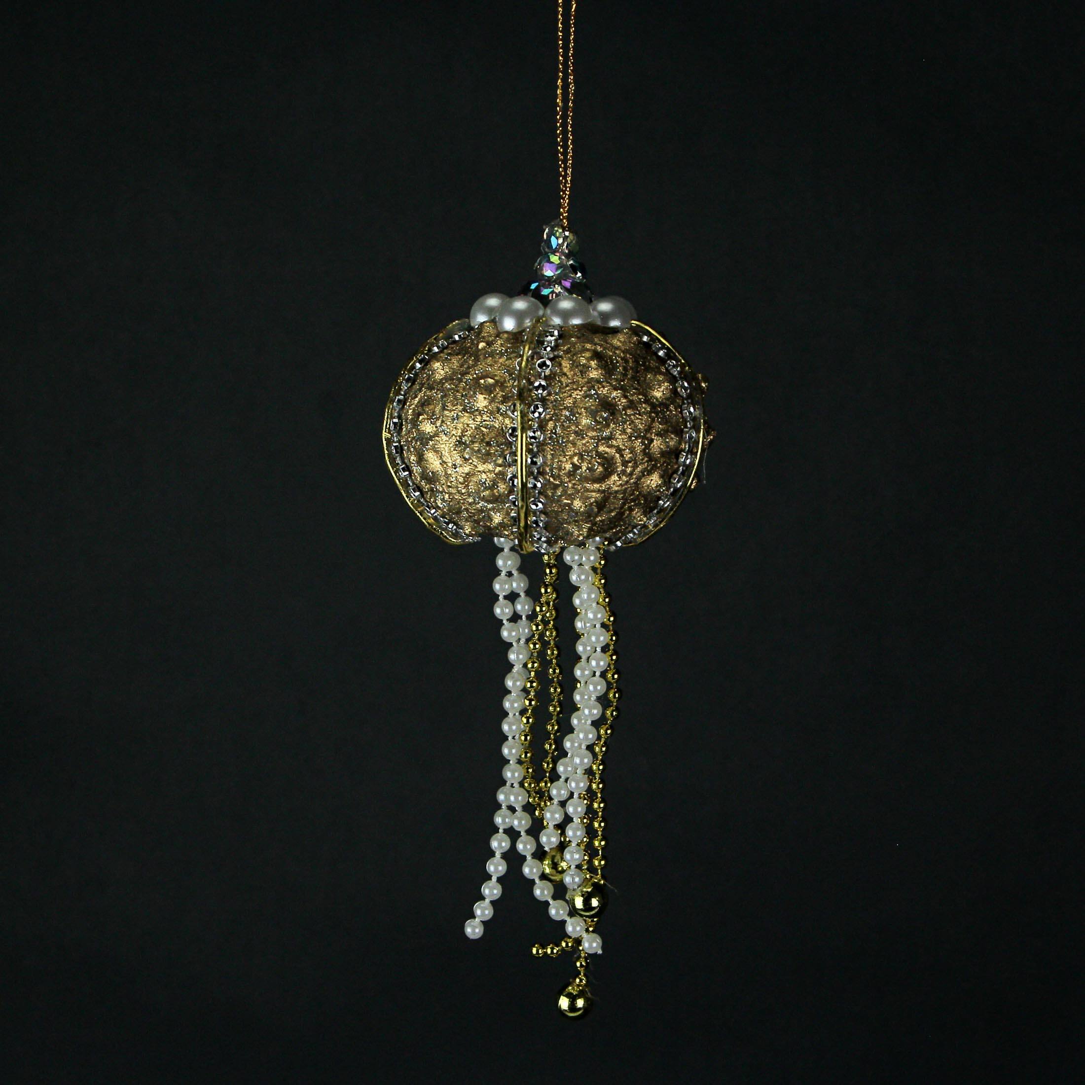 Alt View 2. Things2Die4 - Set of 6 Elegant Golden Sea Urchin Shell Hanging Ornaments Beaded Accents - Gold.