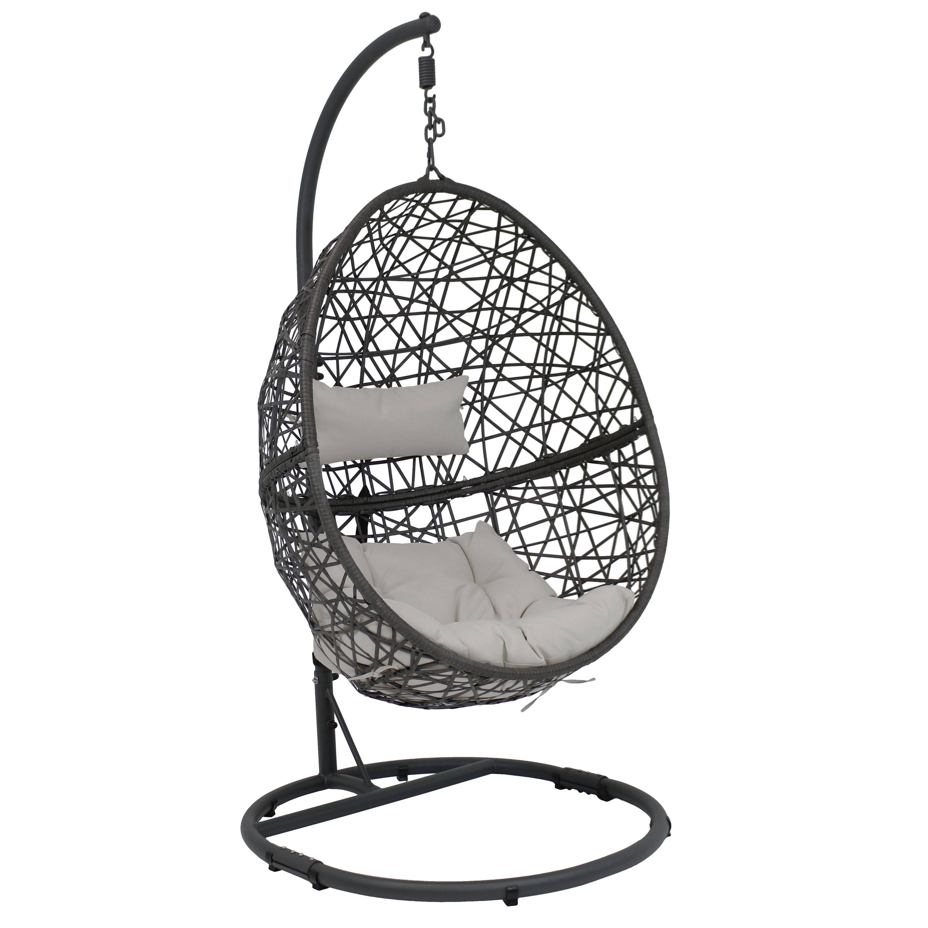 Sunnydaze - Resin Wicker Hanging Egg Chair with Steel Stand/Cushions - Gray Cushions