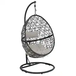Sunnydaze - Resin Wicker Hanging Egg Chair with Steel Stand/Cushions - Gray Cushions