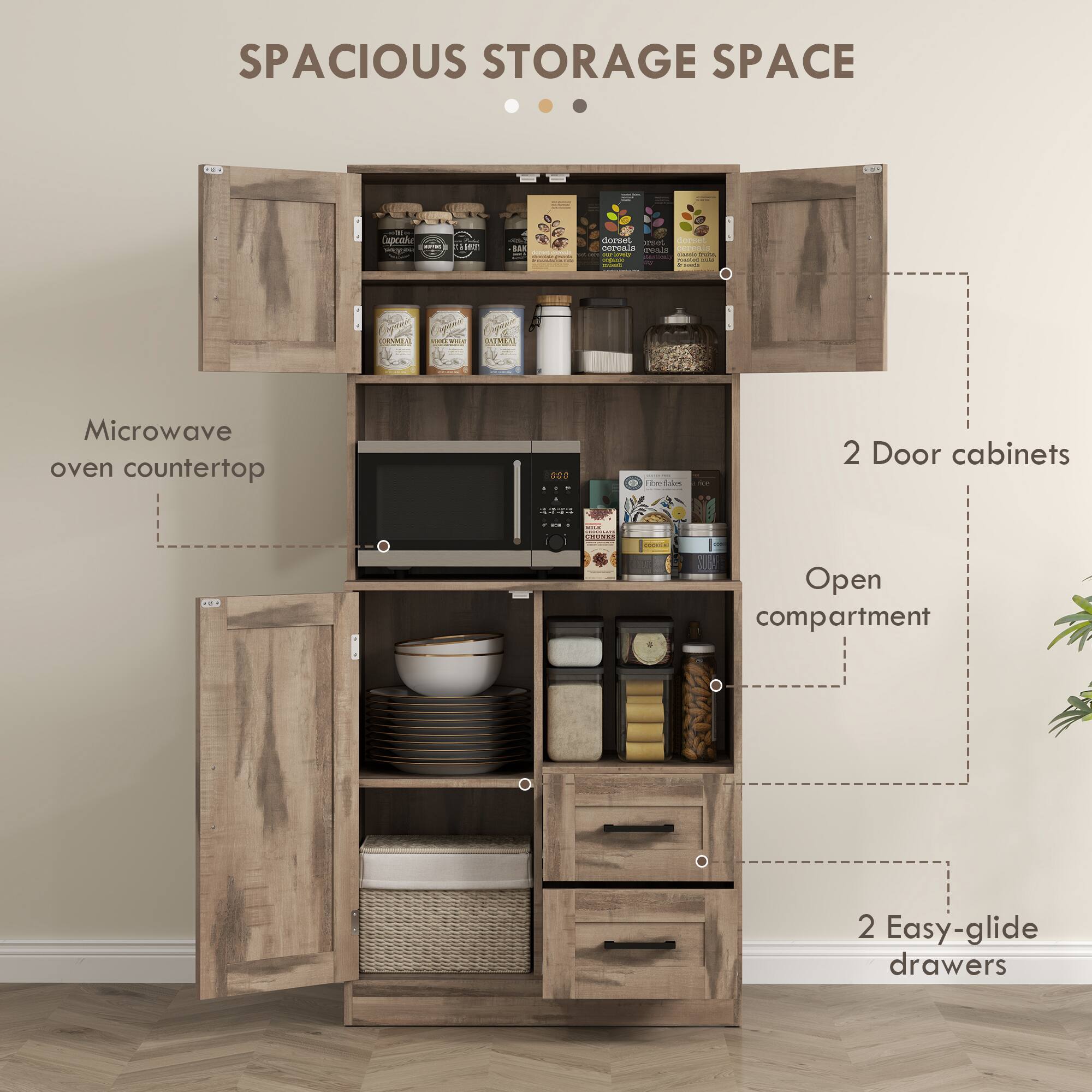 SPACIOUS STORAGE SPACE

- Microwave oven countertop
- 2 Door cabinets
- Open compartment
- 2 Easy-glide drawers